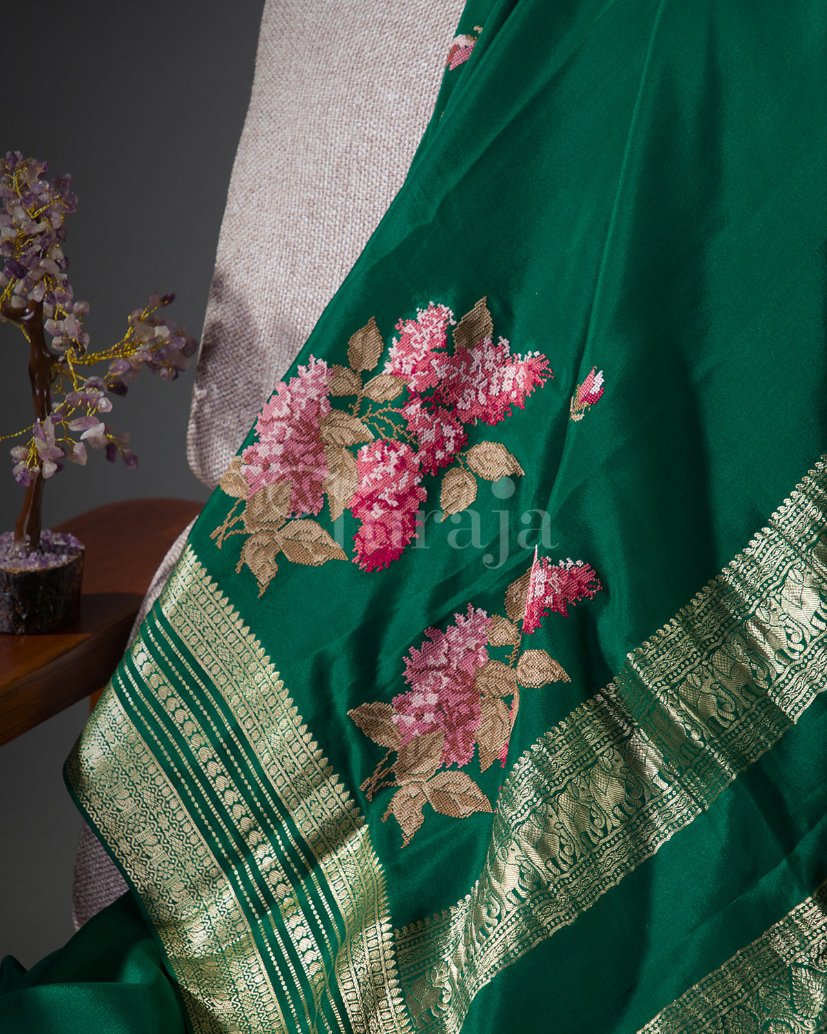 Cherry Blossom: Bottle Green Mysore Crepe Silk Saree