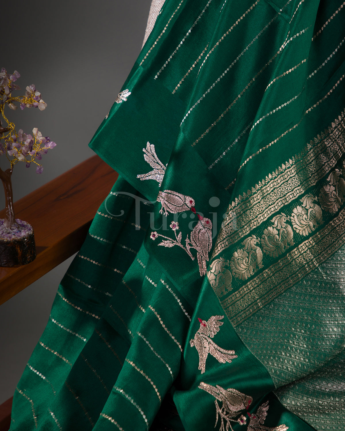 Rustic Bird: Green Mysore Crepe Silk Saree