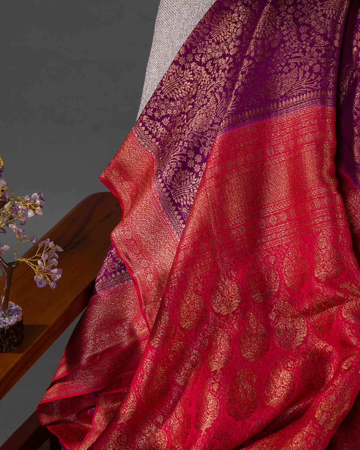 Gulbarga - Wine and Red Mysore Crepe Silk Saree