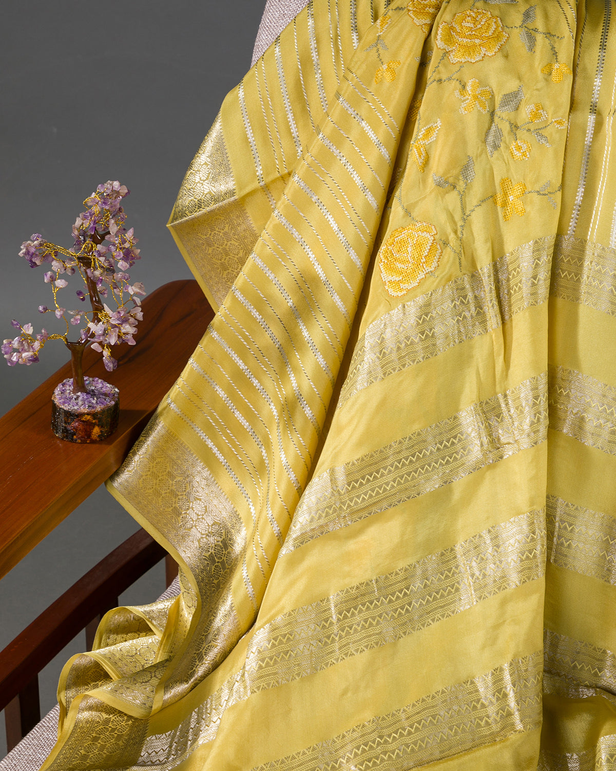 Floral Ari - Mustard Yellow Mysore Crepe Silk Saree