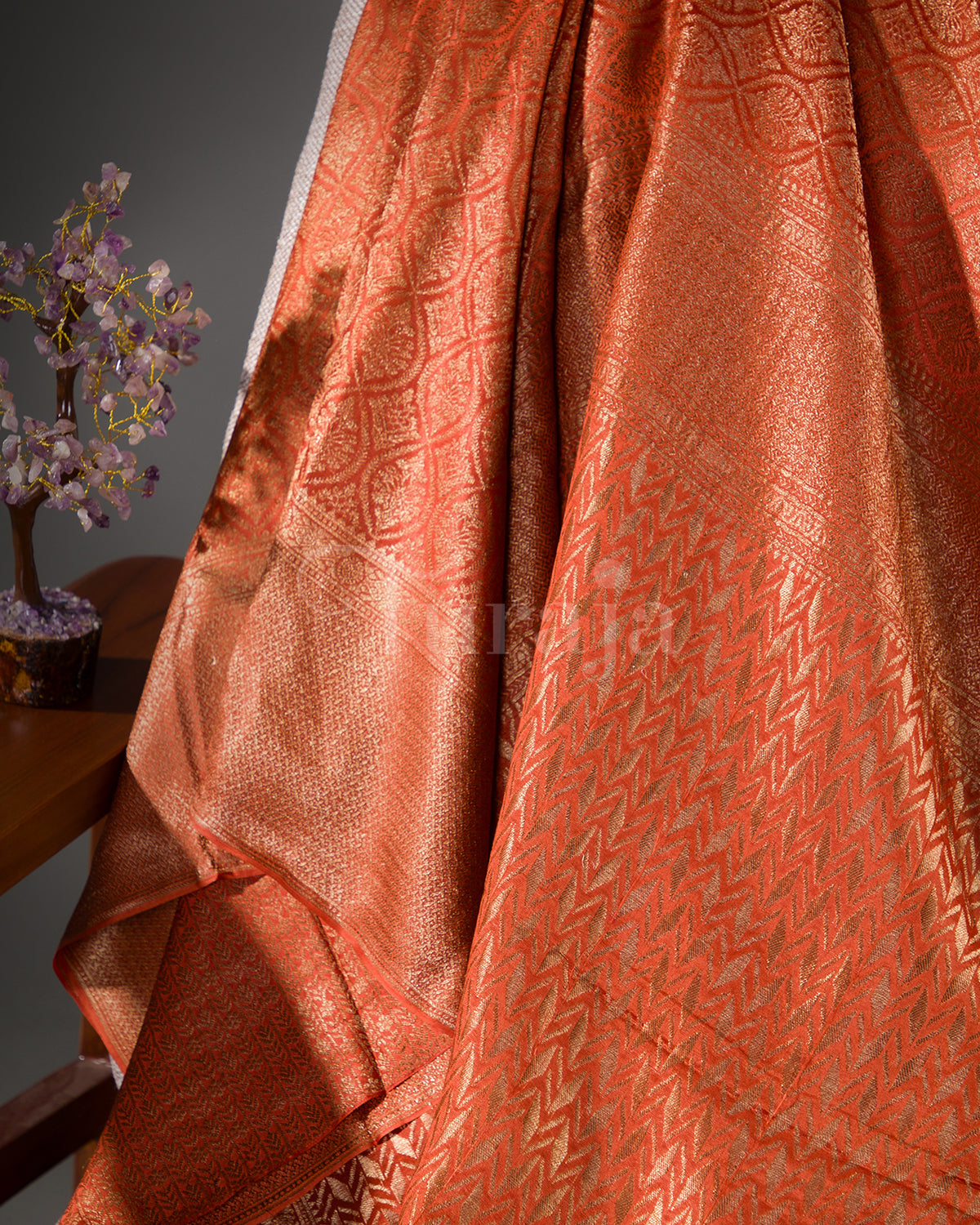 (Rashmika Mandanna Design) Saanjh : Rust Orange Brocade Mysore Crepe Silk Saree