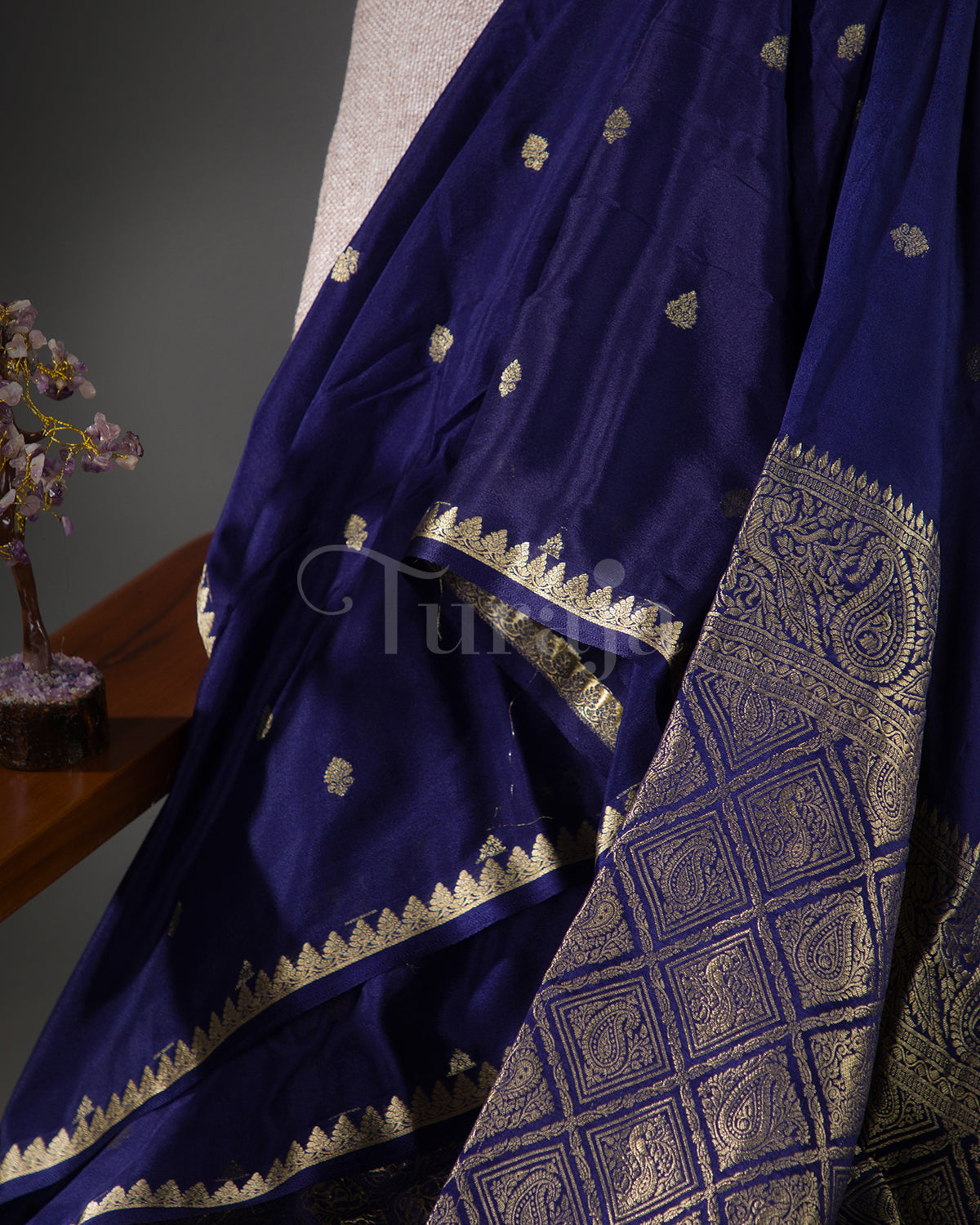Kalga: Navy Blue Mysore Crepe Silk Saree