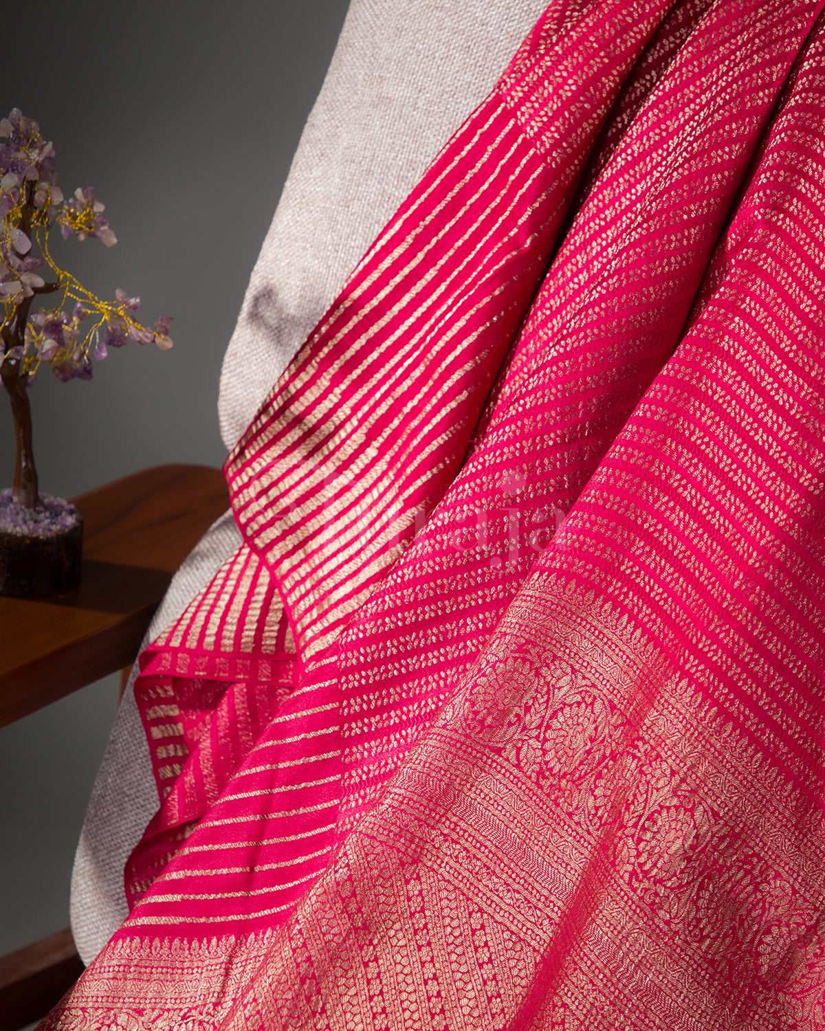 Stripes Saga: Rani Pink Mysore Crepe Silk Saree