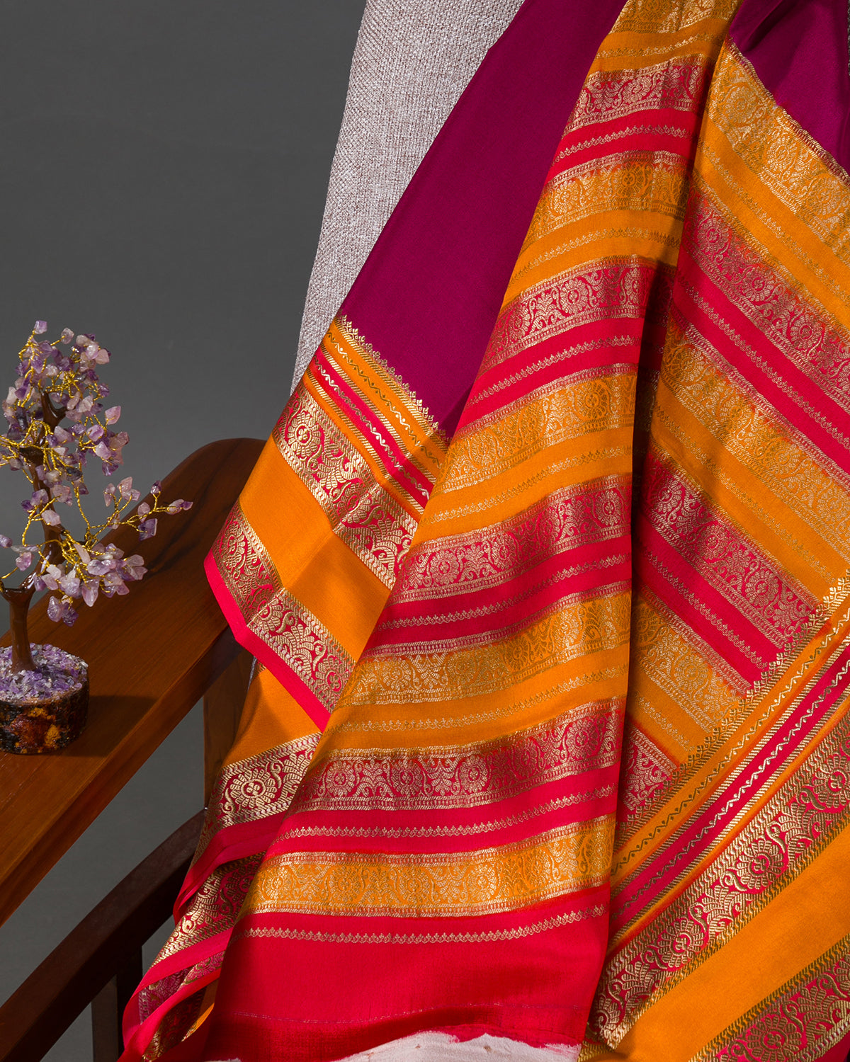 Royal Dye - Maroon and Orange Mysore Crepe Silk Saree