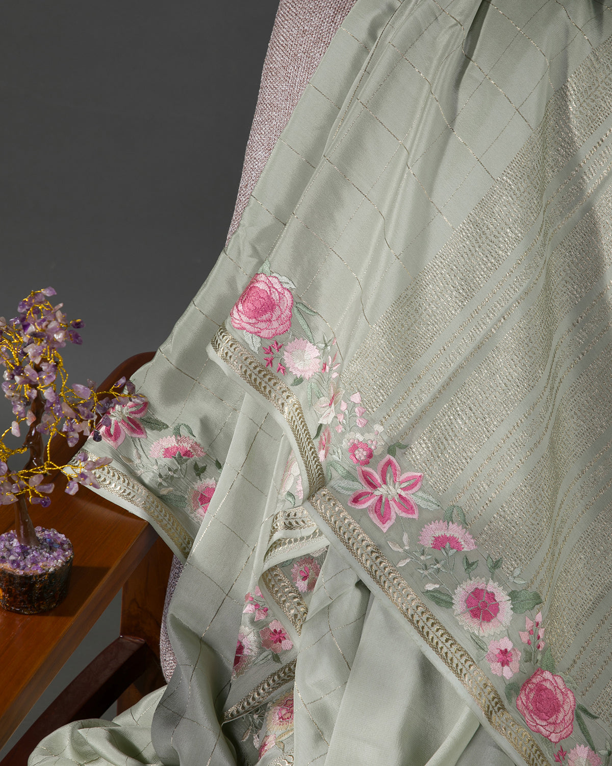 Floral Trace - Grey Mysore Crepe Silk Saree