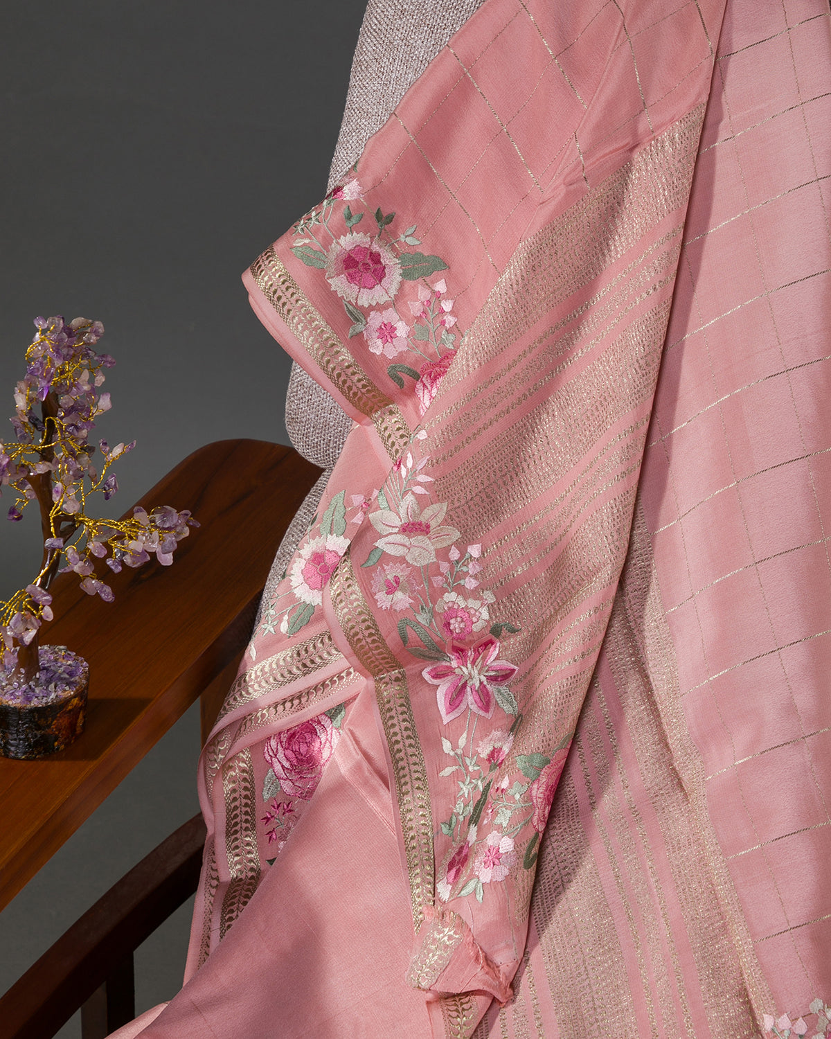 Floral Trace - Peach Mysore Crepe Silk Saree