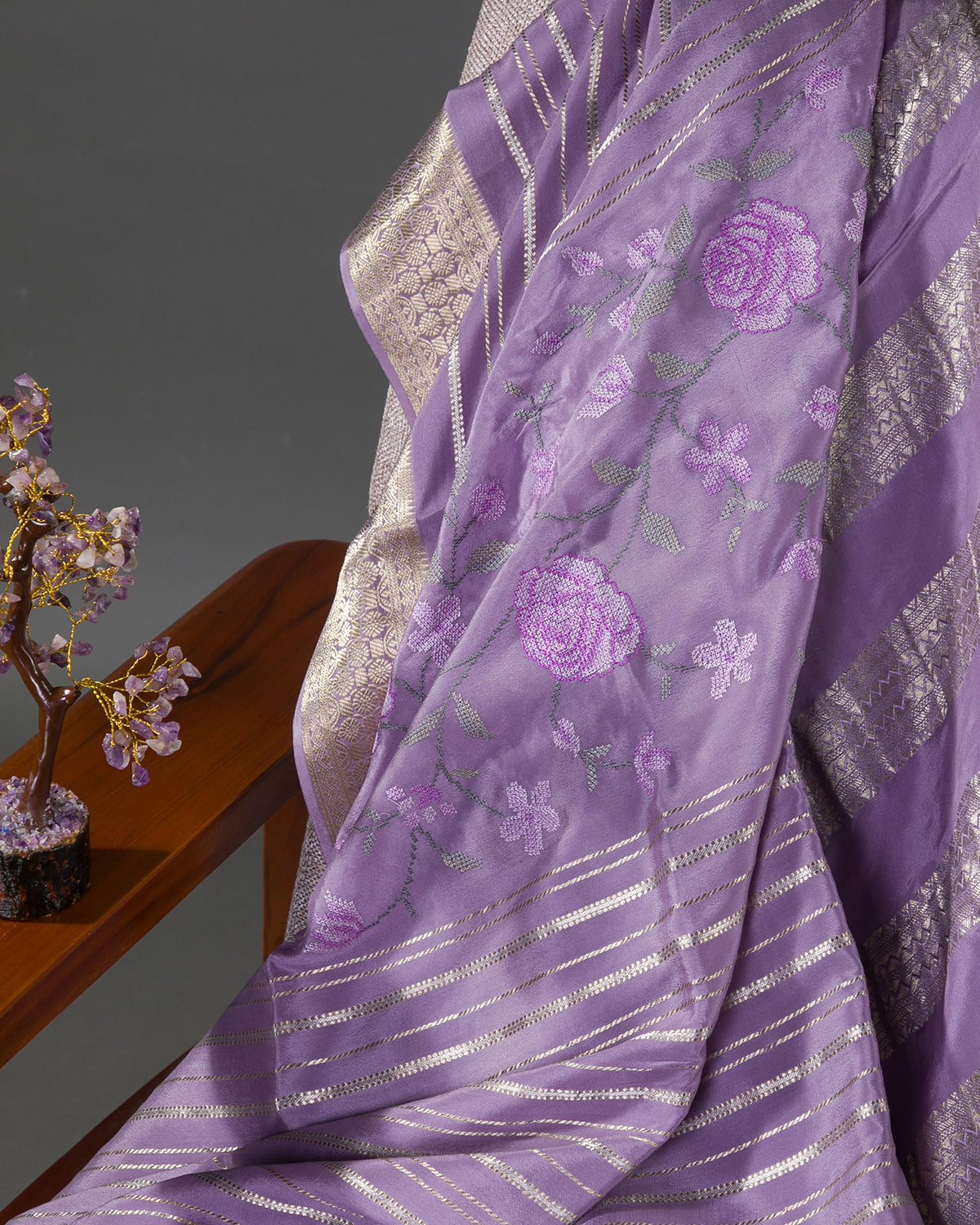 Floral Ari - Lavender Mysore Crepe Silk Saree