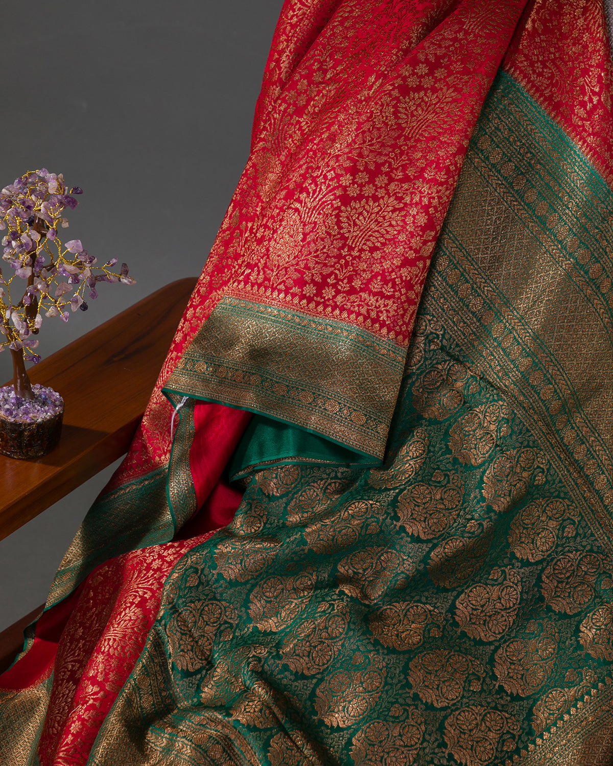 Gulbarga - Red and Bottle Green Mysore Crepe Silk Saree