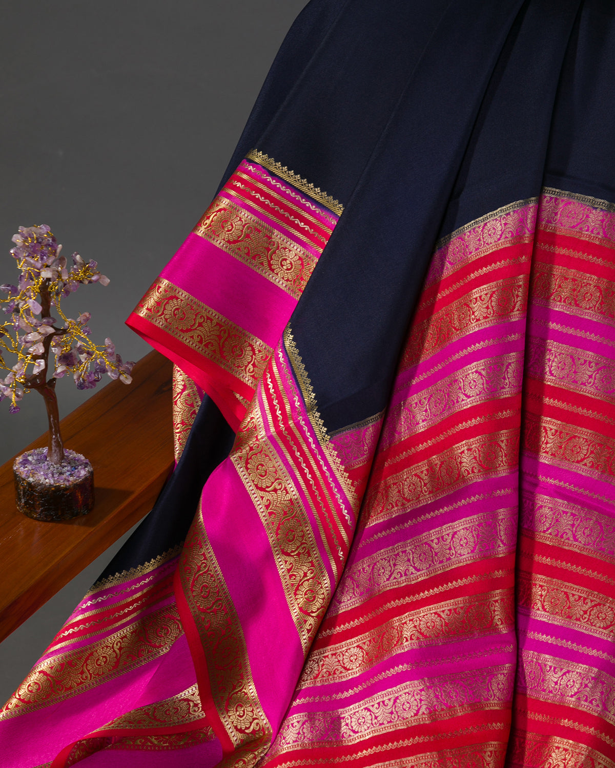 Royal Dye - Navy Blue and Rani Pink Mysore Crepe Silk Saree