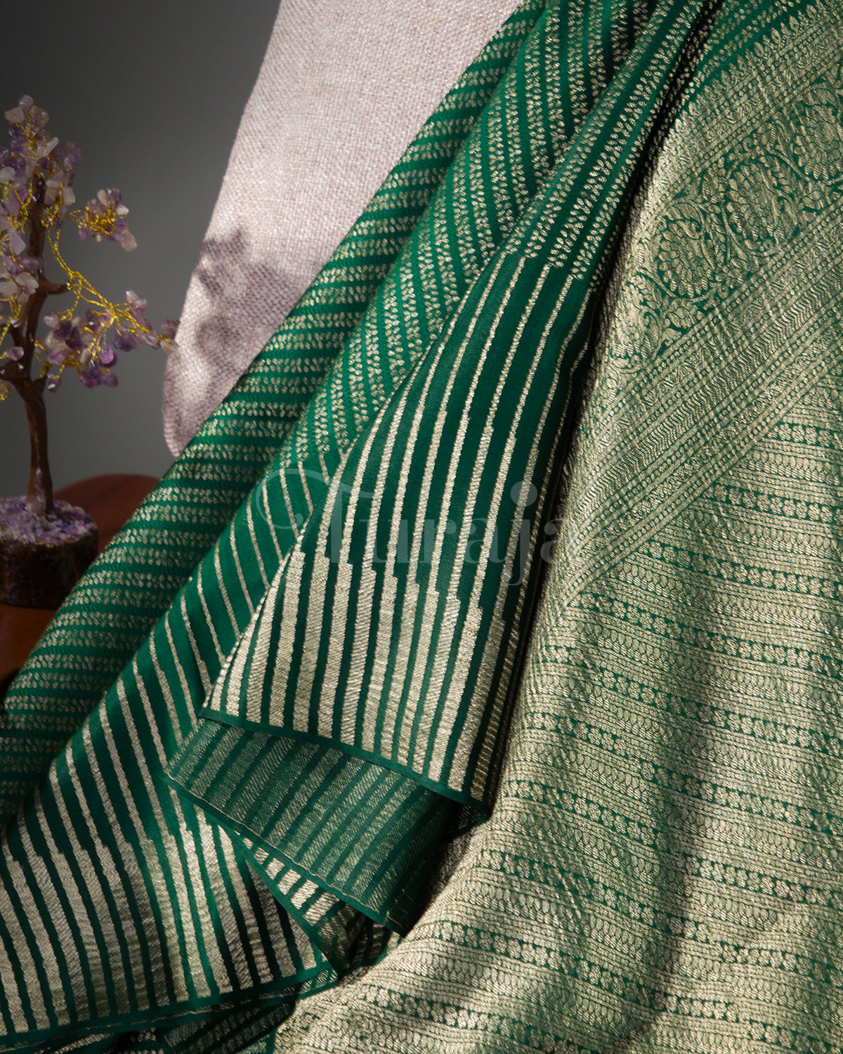Stripes Saga: Bottle Green Mysore Crepe Silk Saree