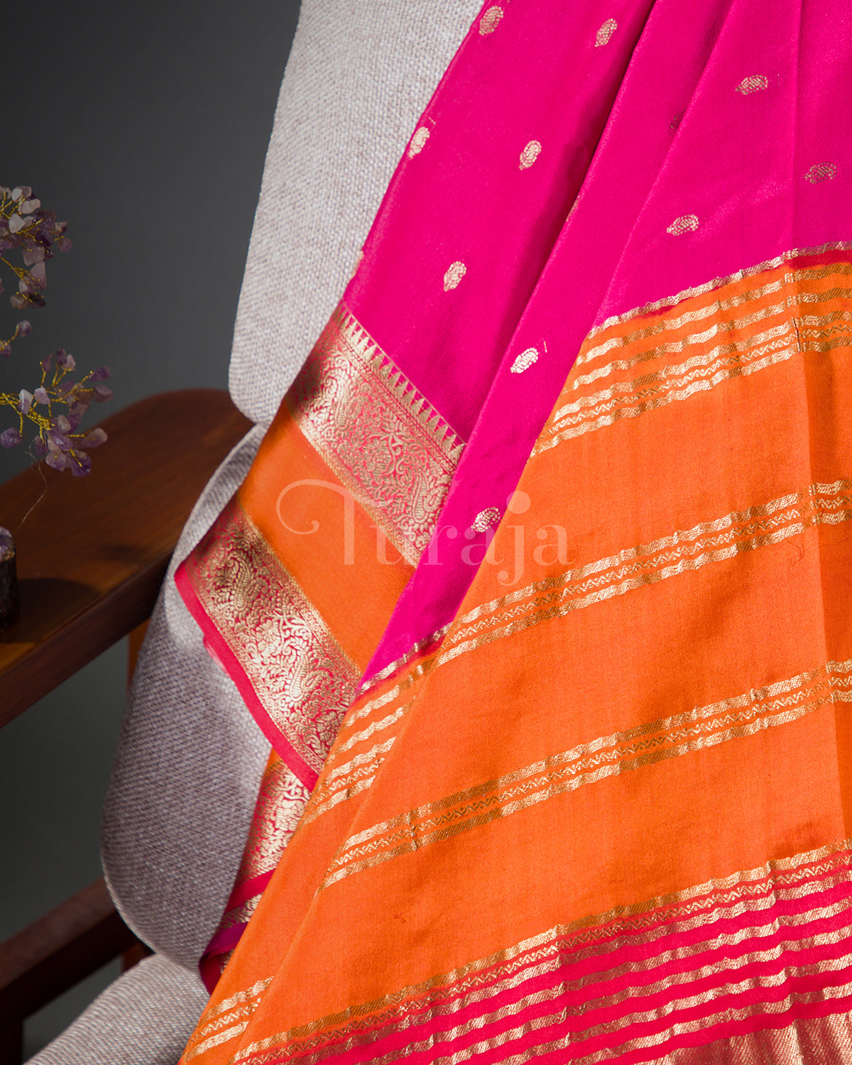 Royal Contrast: Rani Pink & Orange Mysore Crepe Silk Saree