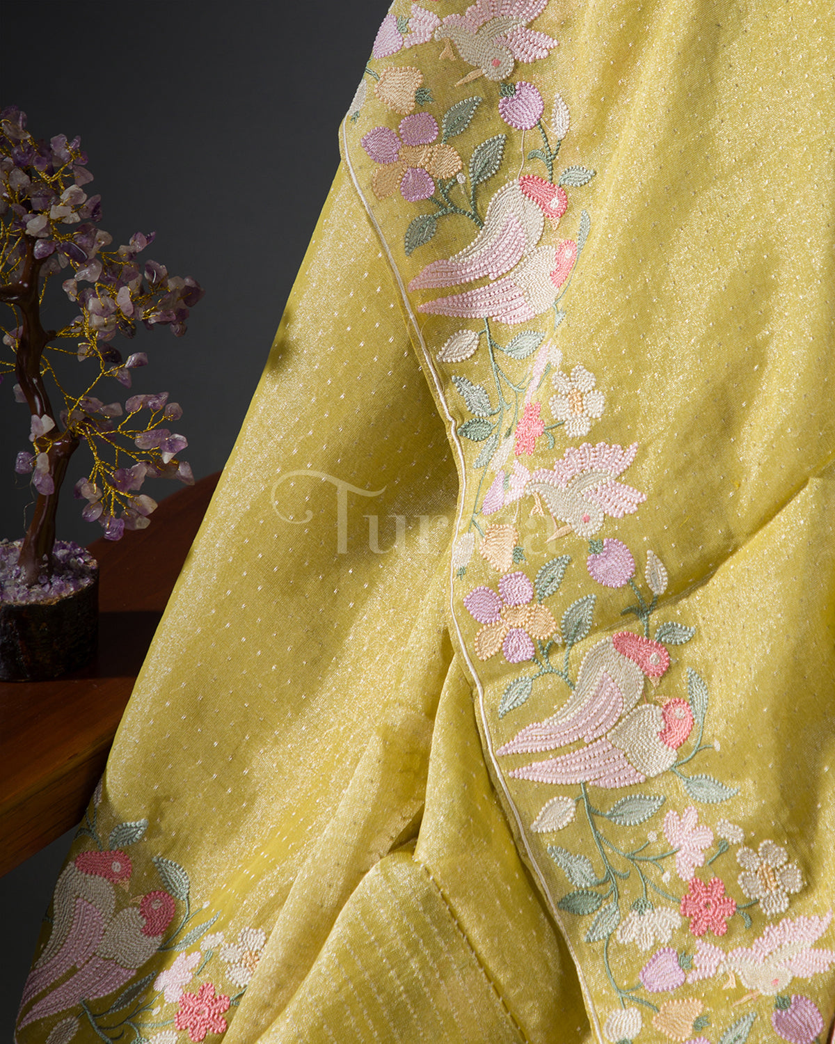 Pastel Tissue Petal Border: Yellow Mysore Crepe Silk Saree