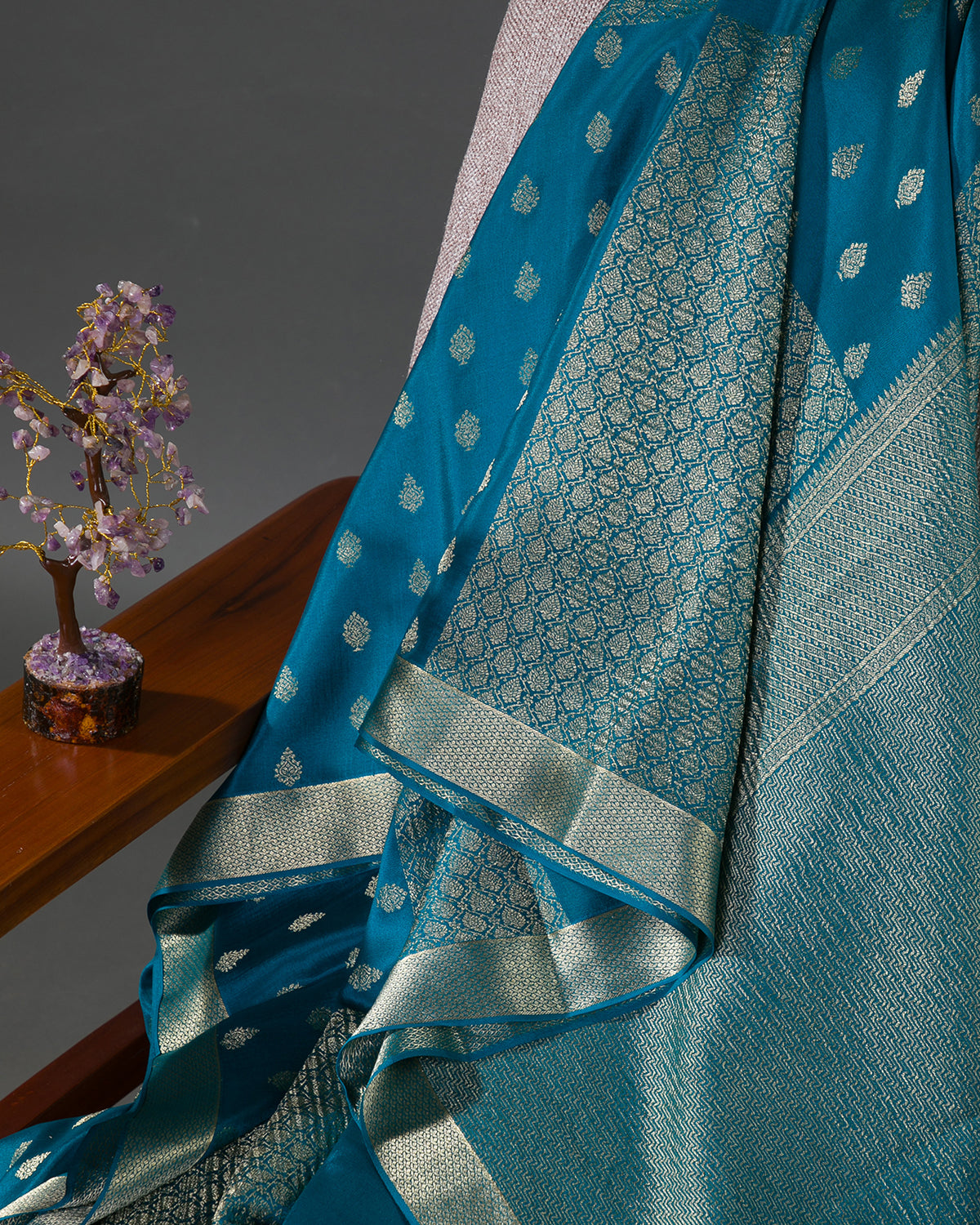 Zari Darbar - Peacock Blue Mysore Crepe Silk Saree