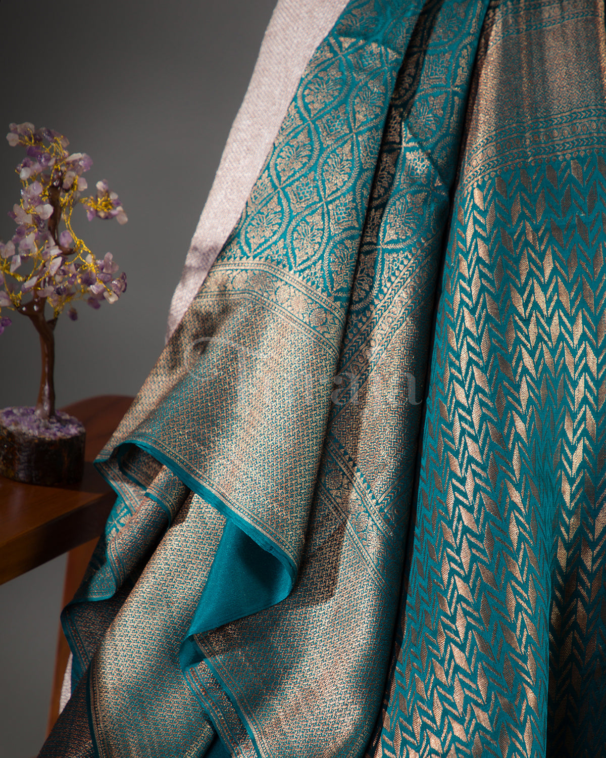 (Rashmika Mandanna Design) Saanjh: Rama Blue Brocade Mysore Crepe Silk Saree
