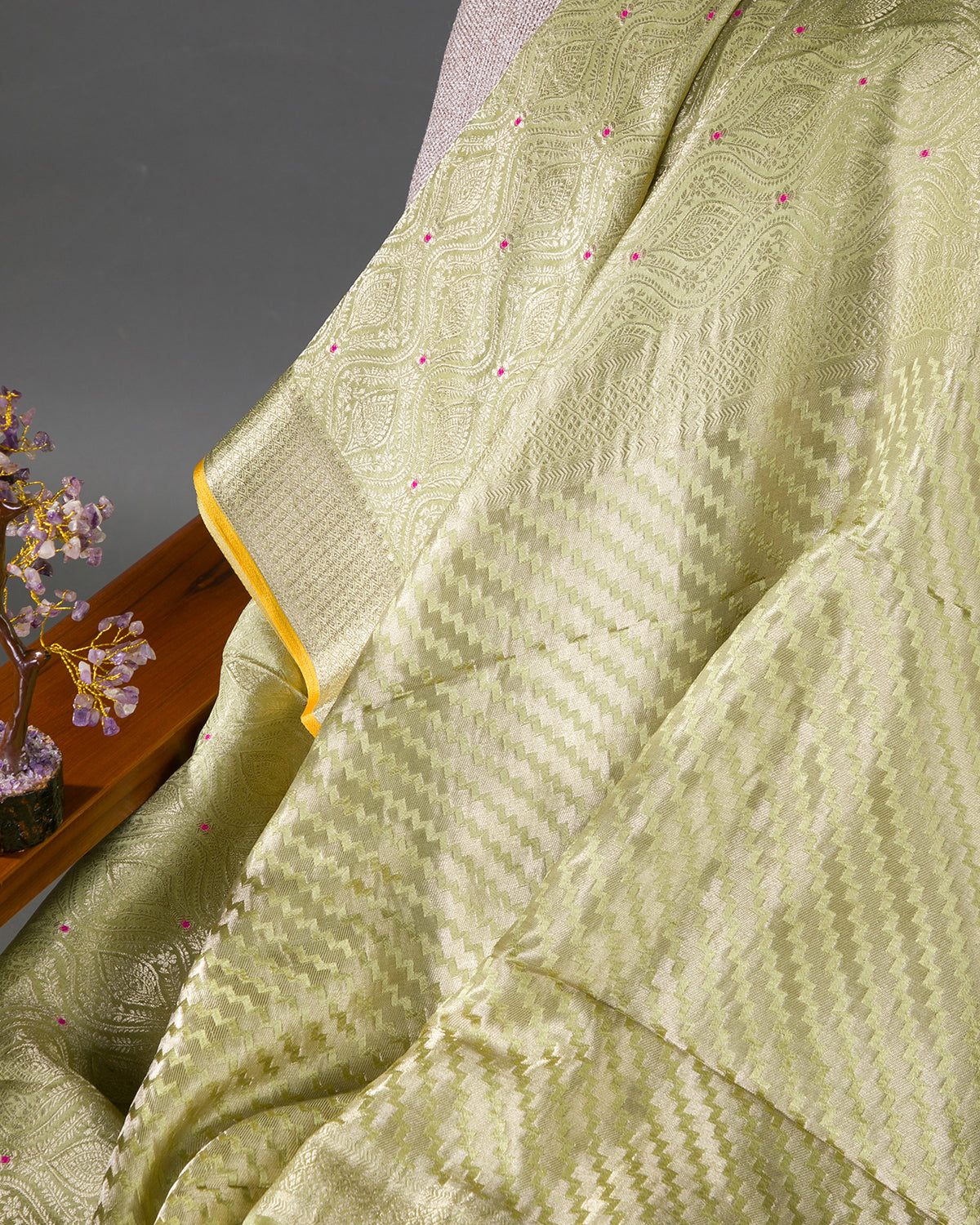 Meenakari Jaal - Pista Green Mysore Crepe Silk Saree