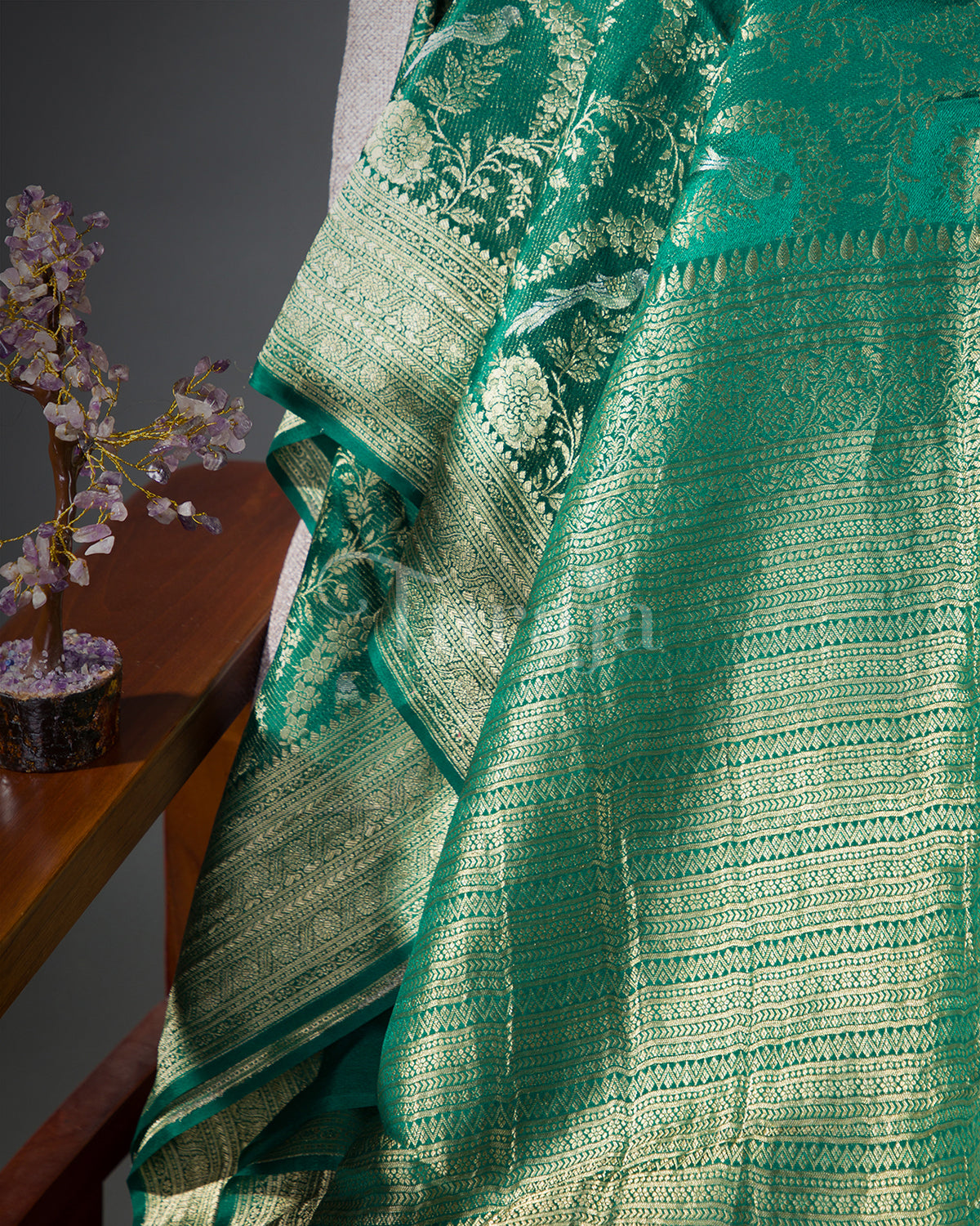Jangla: Bottle Green Brocade Mysore Crepe Silk Saree-view3