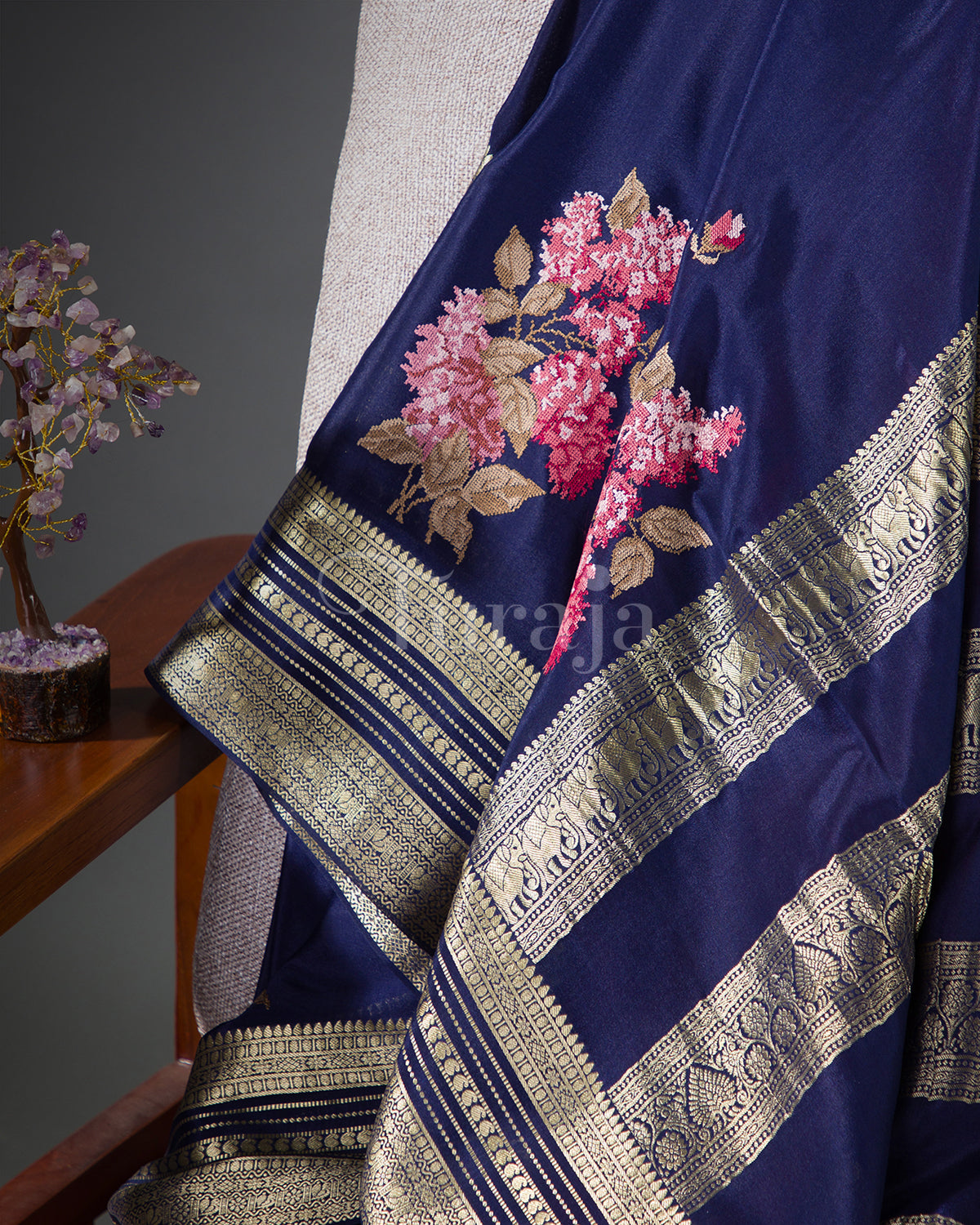 Cherry Blossom: Navy Blue Mysore Crepe Silk Saree