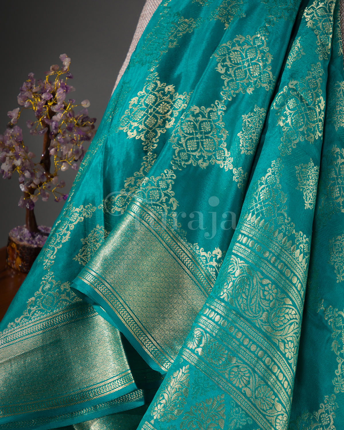 Phoolkari Jaal Brocade: Rama Blue Mysore Crepe Silk Saree