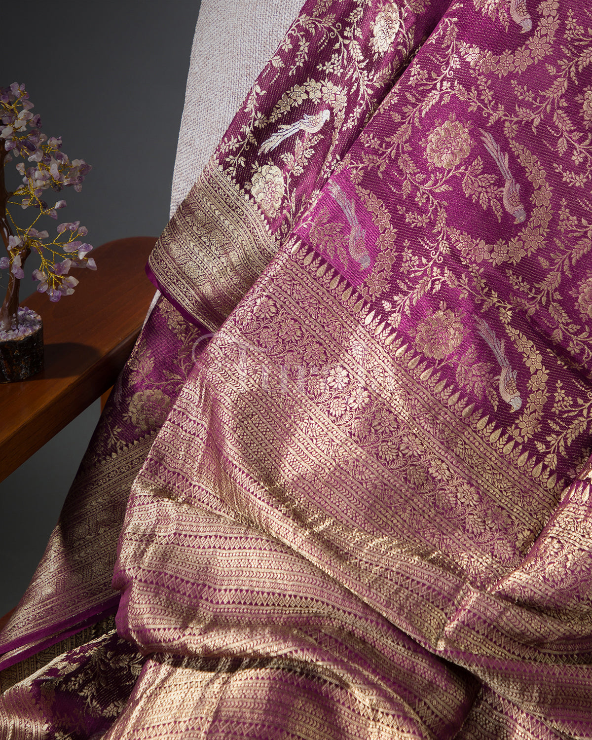 Jangla: Wine Brocade Mysore Crepe Silk Saree-view3