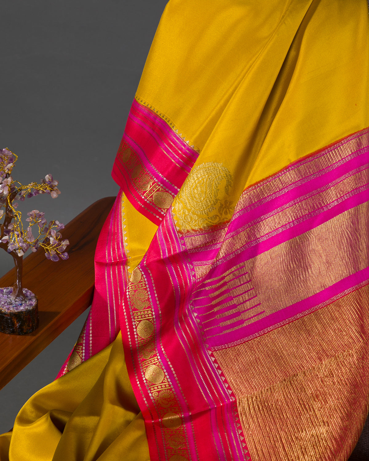 Rangkart - Yellow and Rani Pink Mysore Crepe Silk Saree