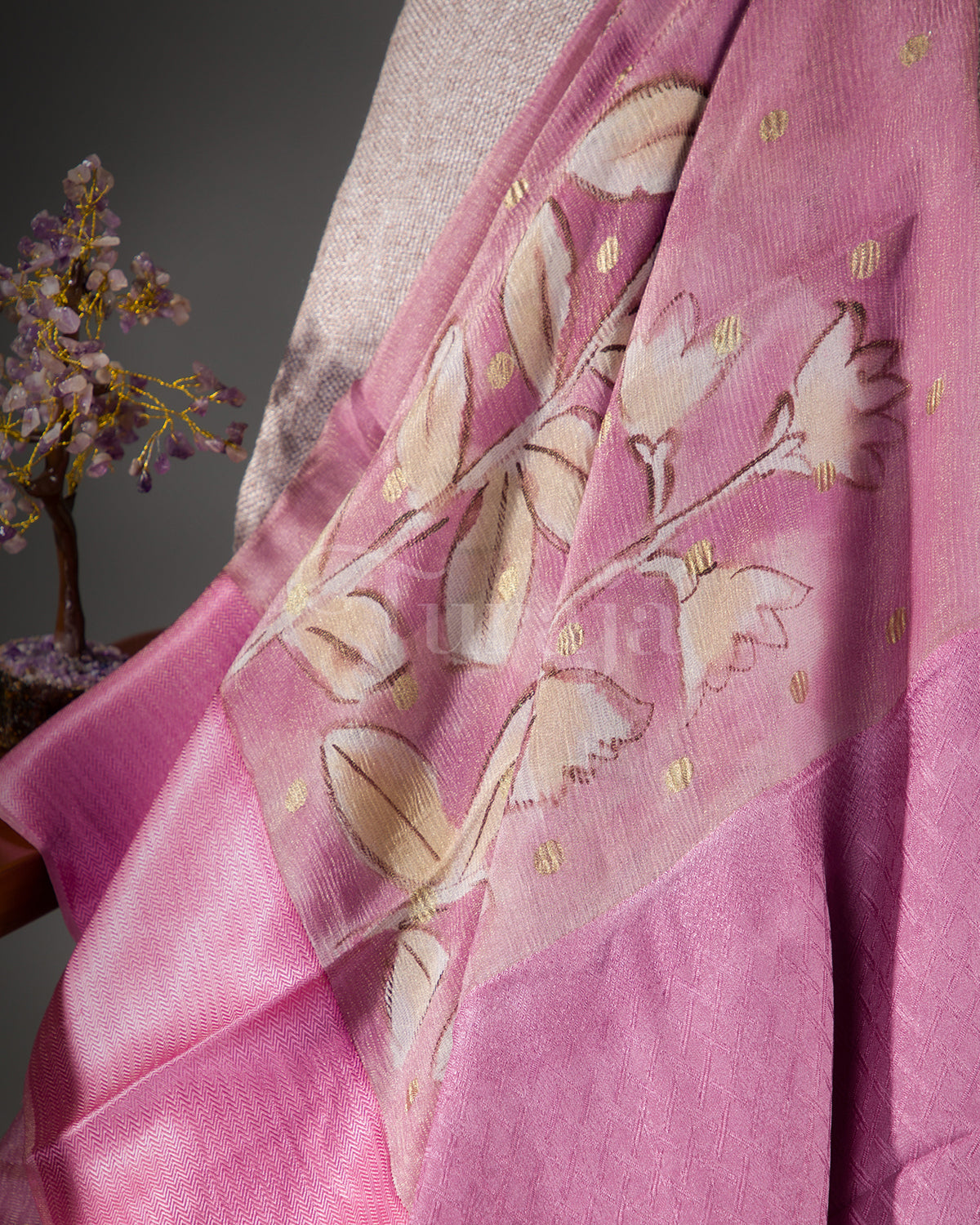 Whispering Bloom: Pink Mysore Crepe Silk Saree
