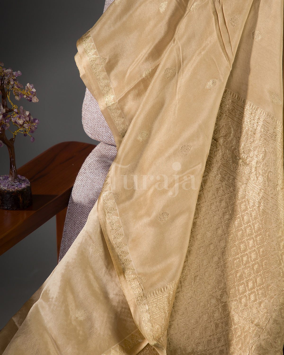 Kalga: Beige Mysore Crepe Silk Saree