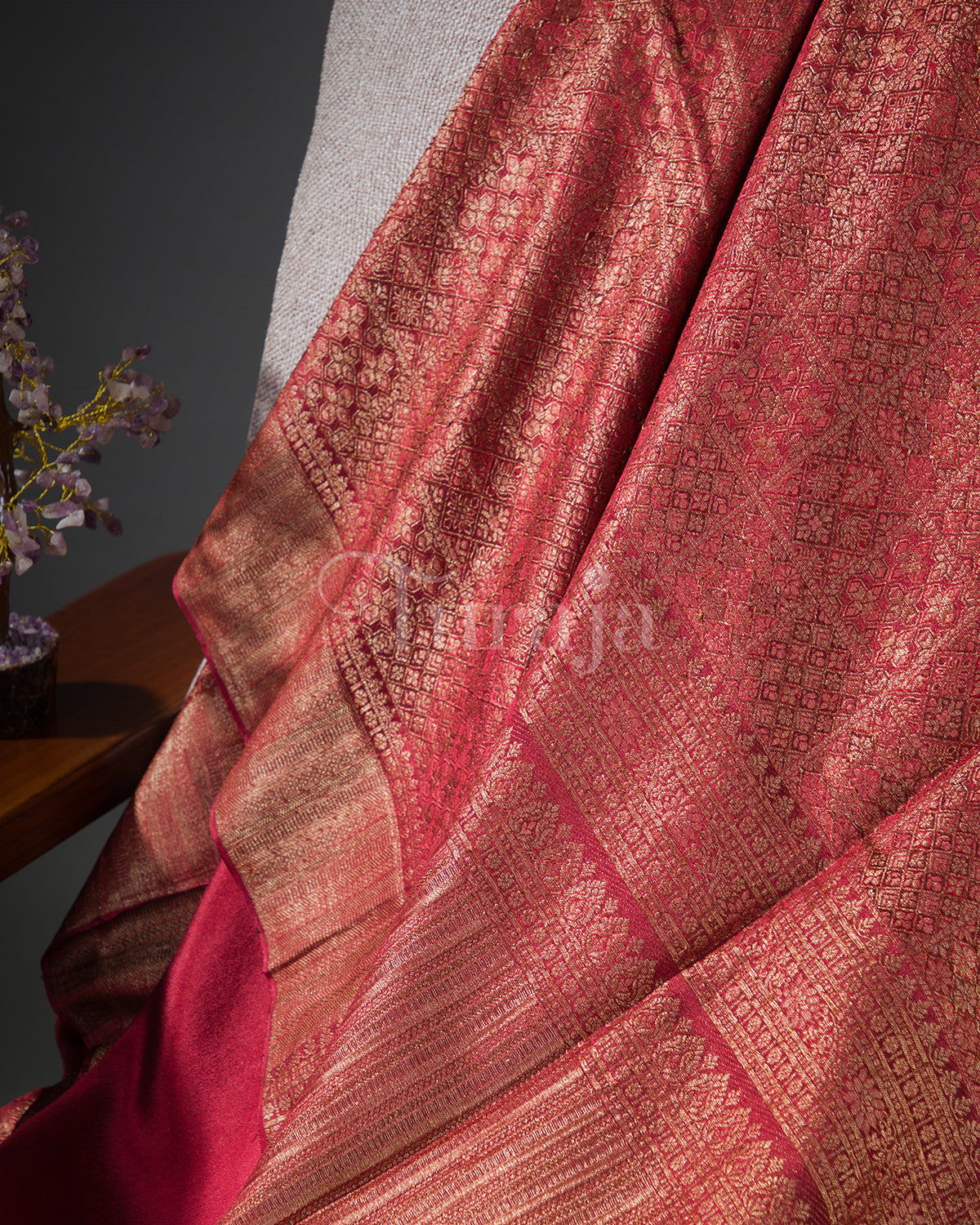 Antique Ruhani: Red Mysore Crepe Silk Saree