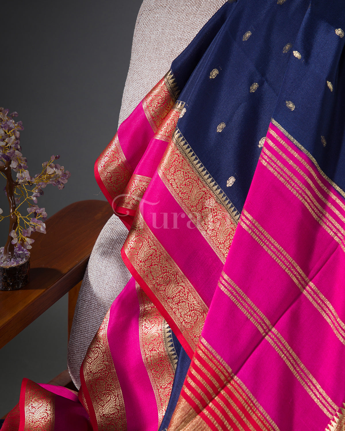 Royal Contrast: Navy Blue & Pink Mysore Crepe Silk Saree