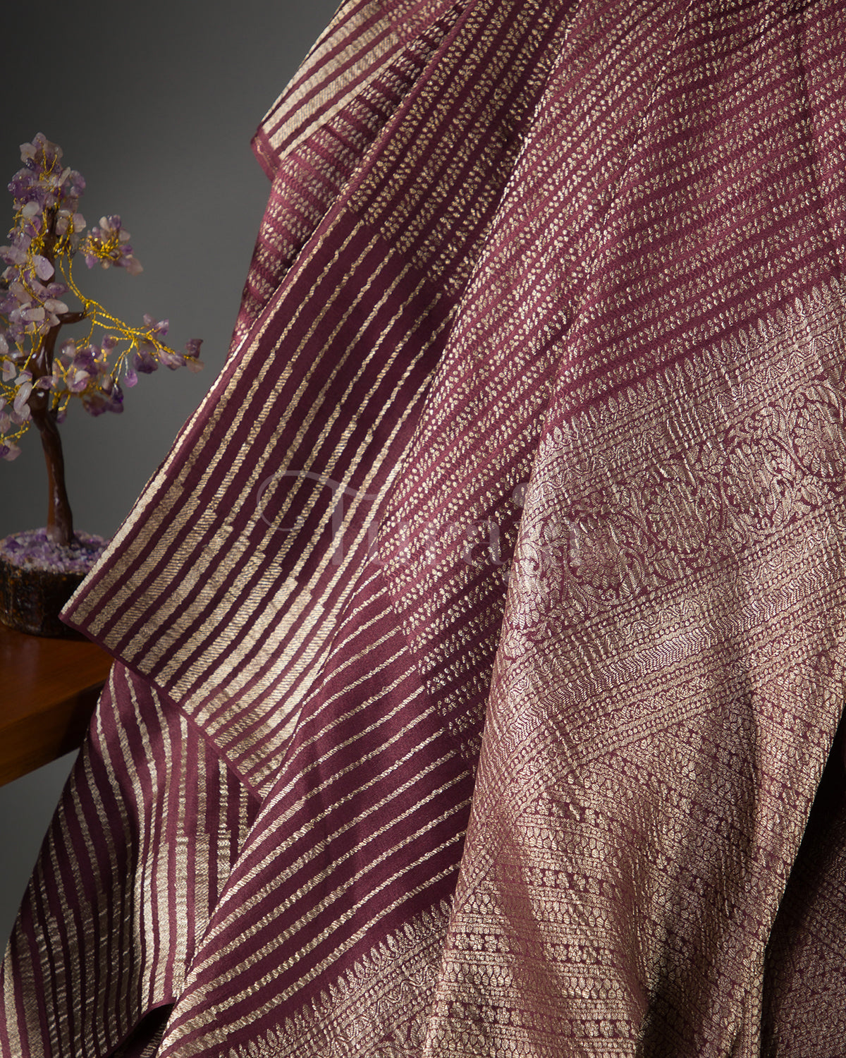 Stripes Saga: Wine Mysore Crepe Silk Saree