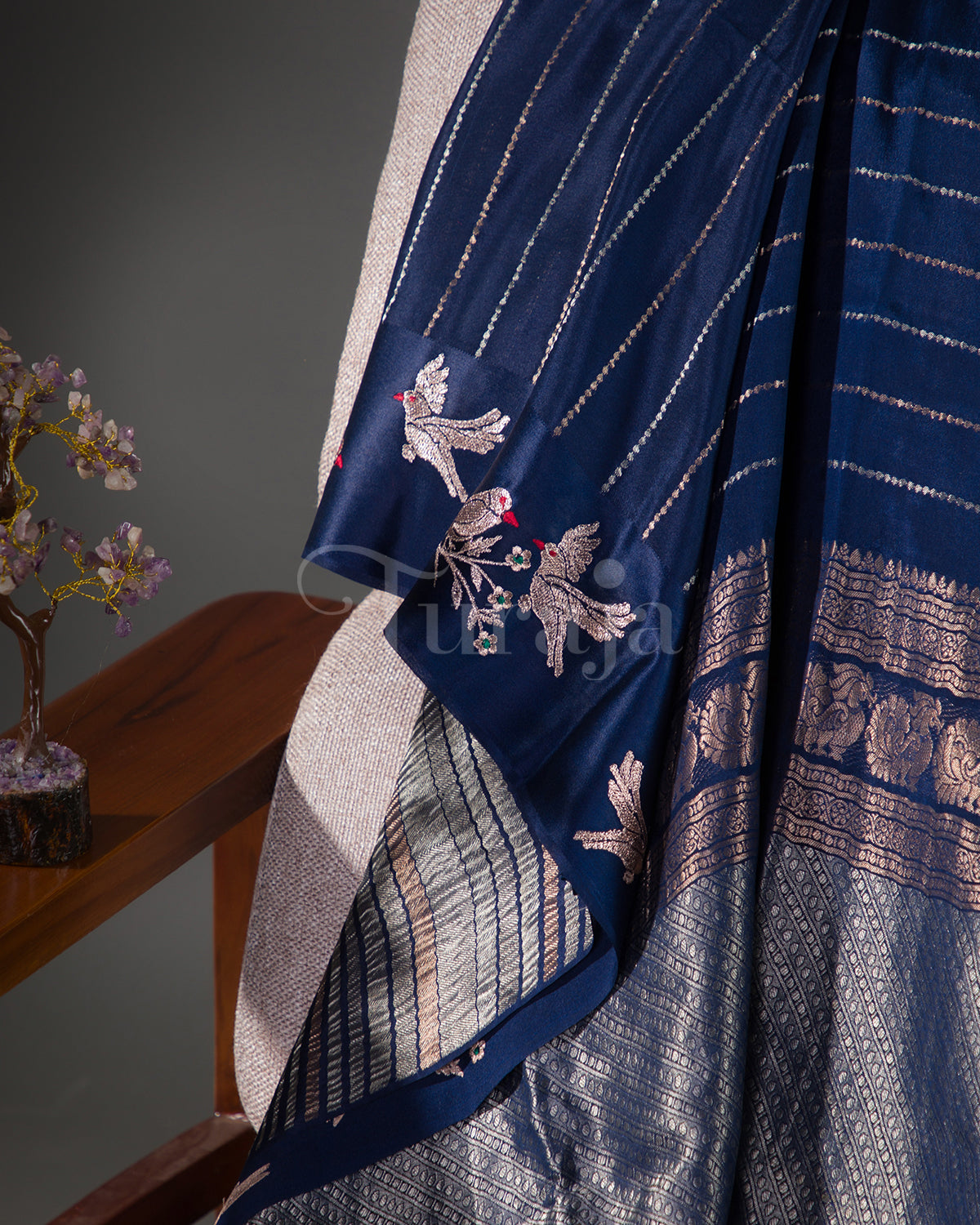 Rustic Bird: Navy Blue Mysore Crepe Silk Saree