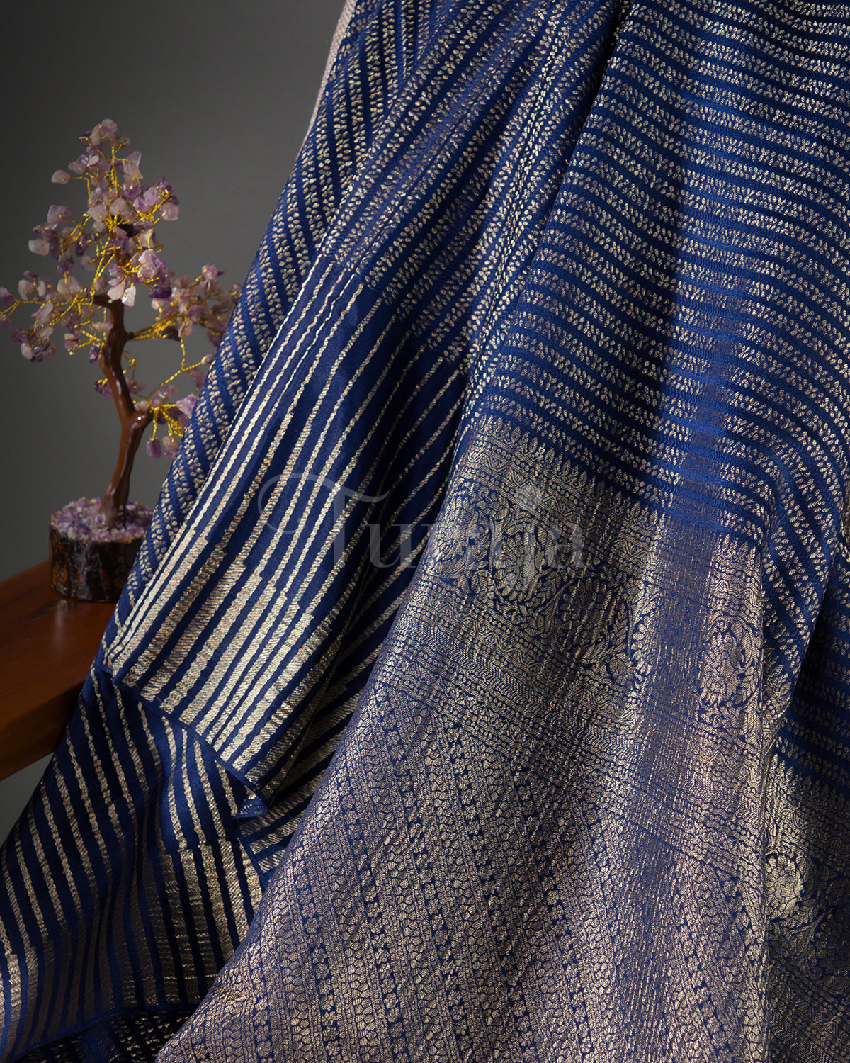 Stripes Saga: Navy Blue Mysore Crepe Silk Saree