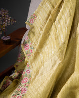 Floral Grid: Yellow Mysore Crepe Silk Saree