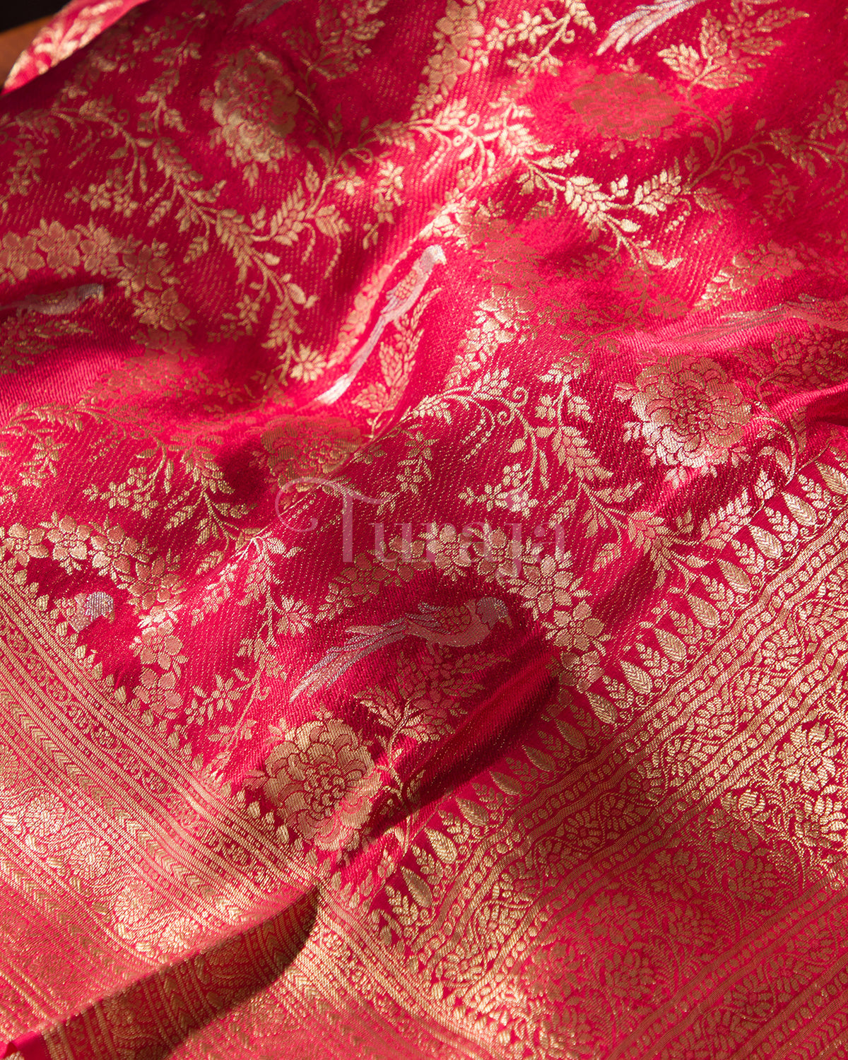 Jangla: Red Brocade Mysore Crepe Silk Saree-view4