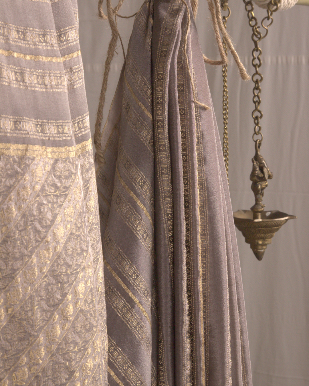 Stripes & Satin: Grey Mysore Crepe Silk Saree