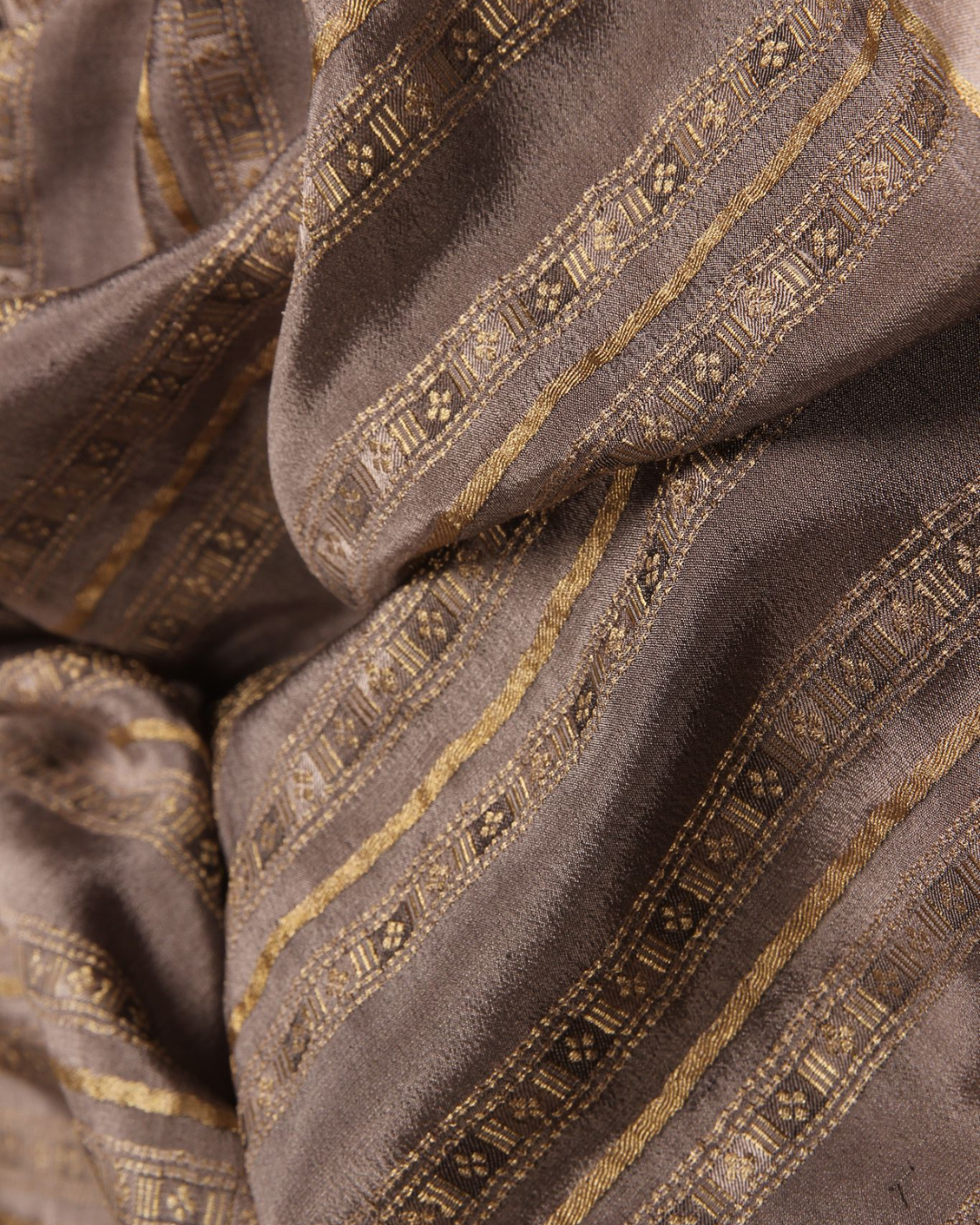Stripes & Satin: Grey Mysore Crepe Silk Saree