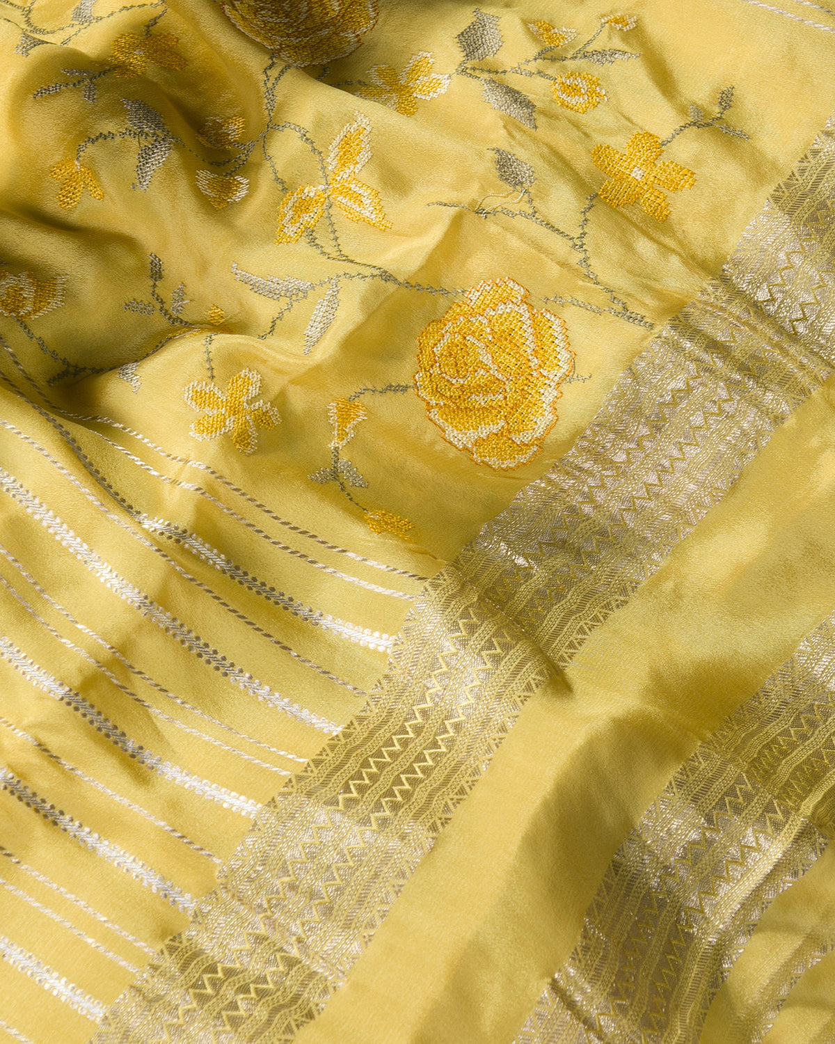 Floral Ari - Mustard Yellow Mysore Crepe Silk Saree
