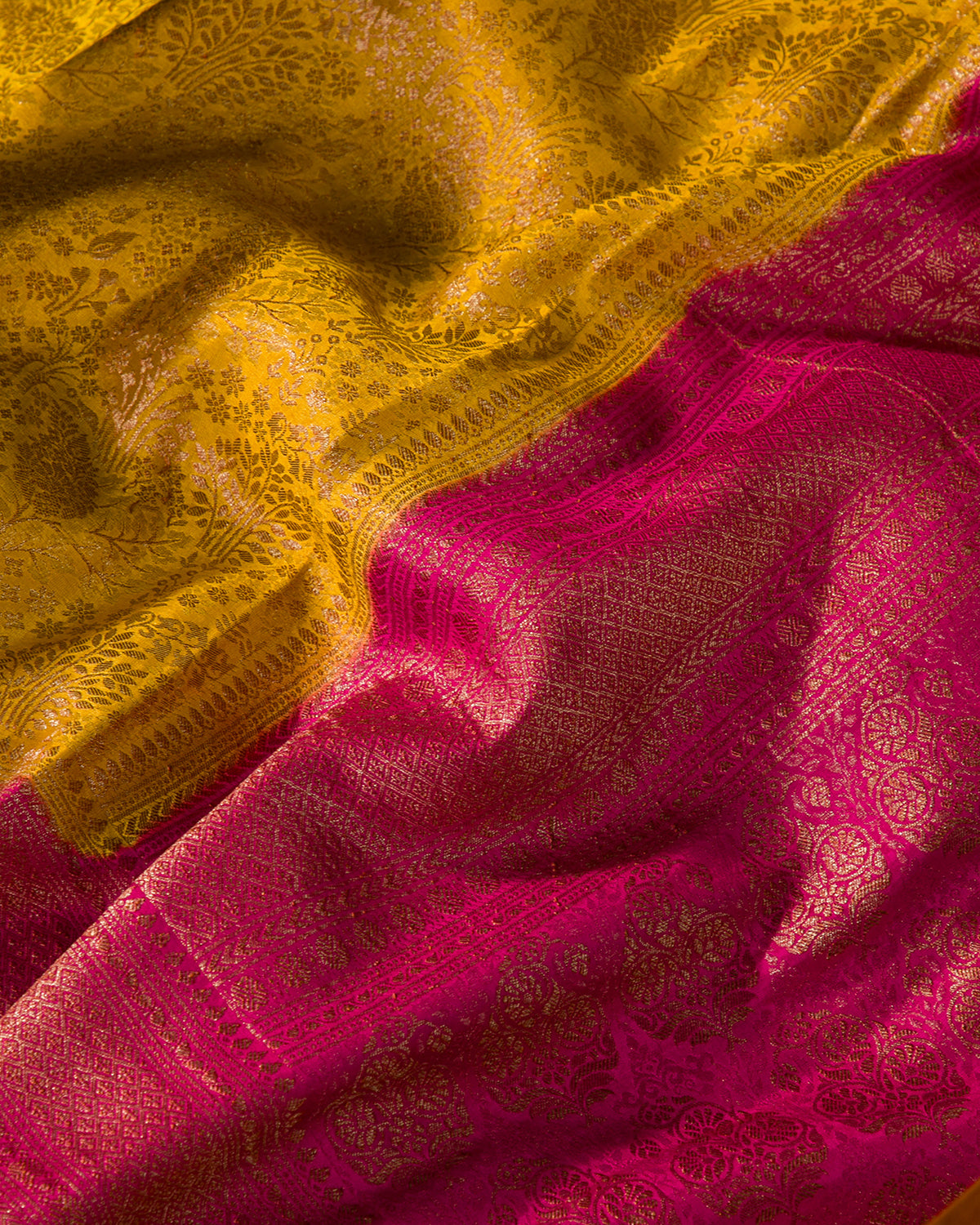 Gulbarga - Yellow and Rani Pink Mysore Crepe Silk Saree