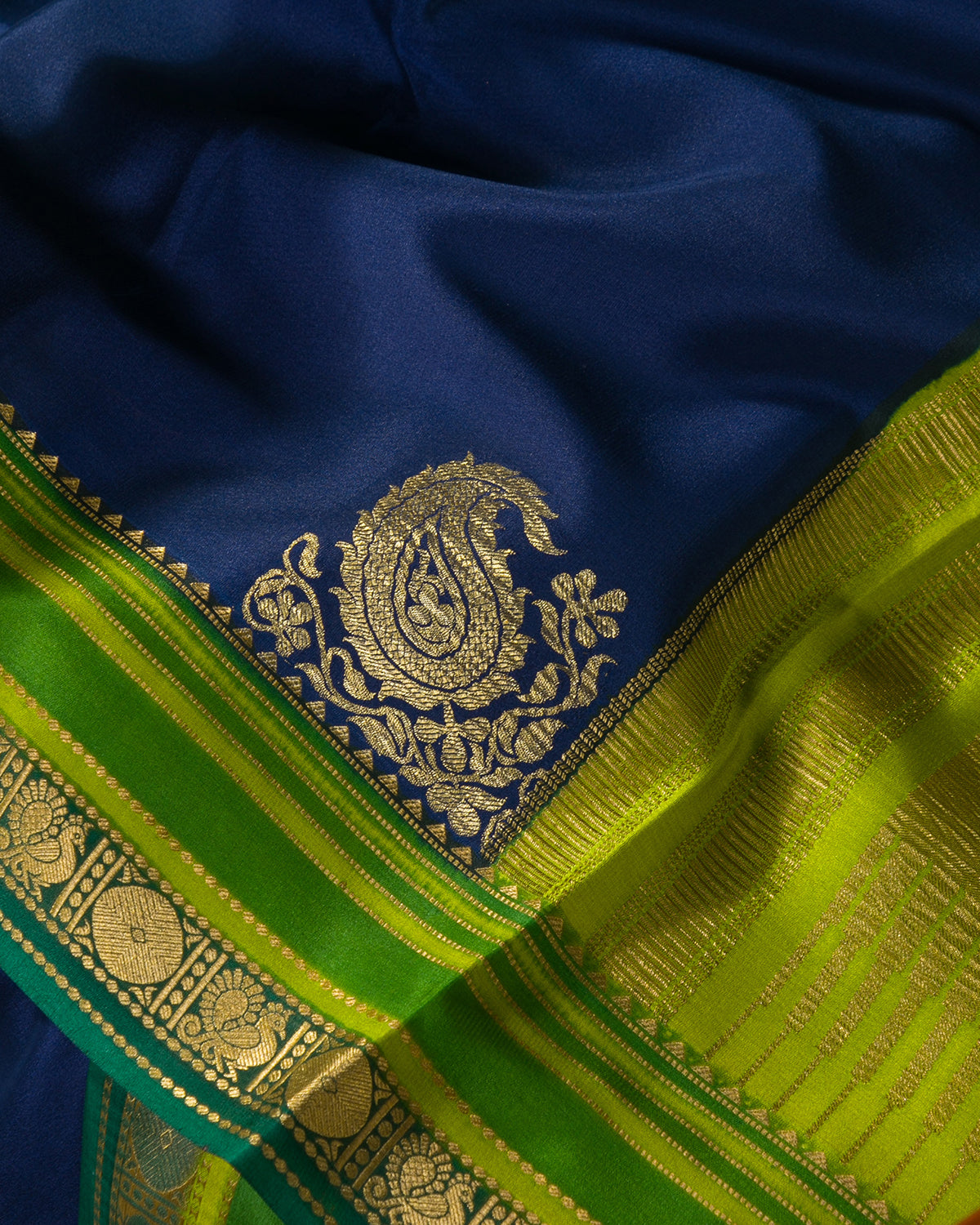 Rangkart - Navy Blue and Bottle Green Mysore Crepe Silk Saree