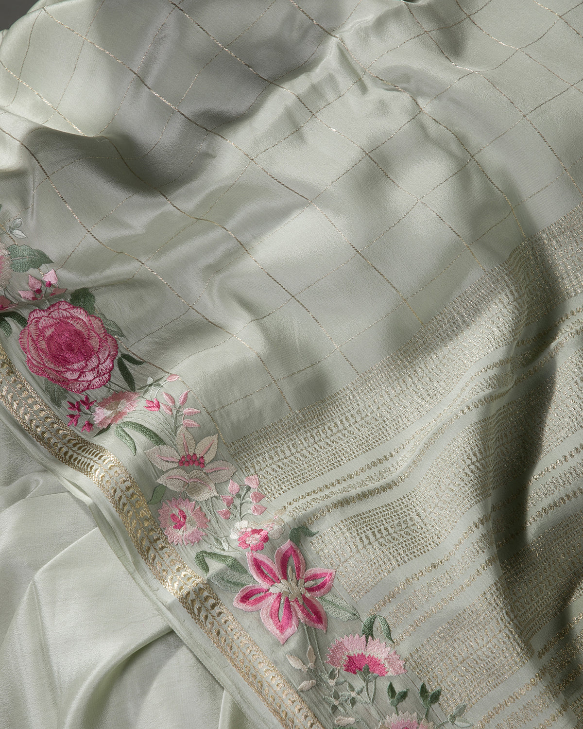 Floral Trace - Grey Mysore Crepe Silk Saree