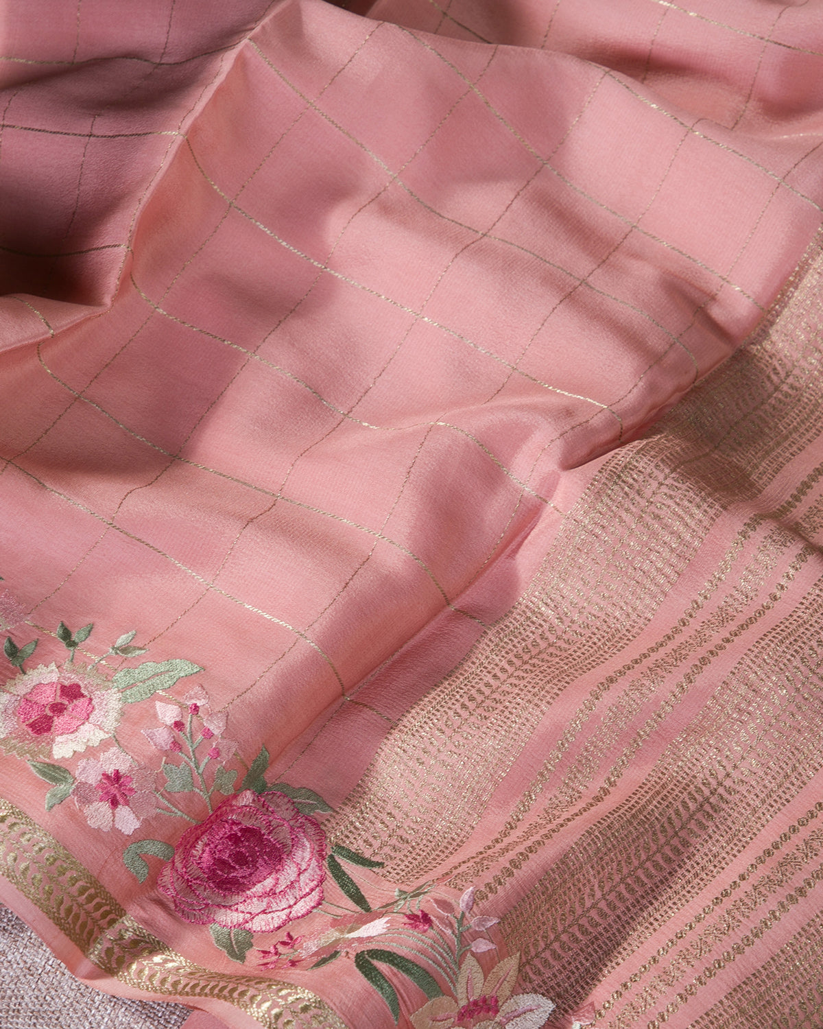 Floral Trace - Peach Mysore Crepe Silk Saree