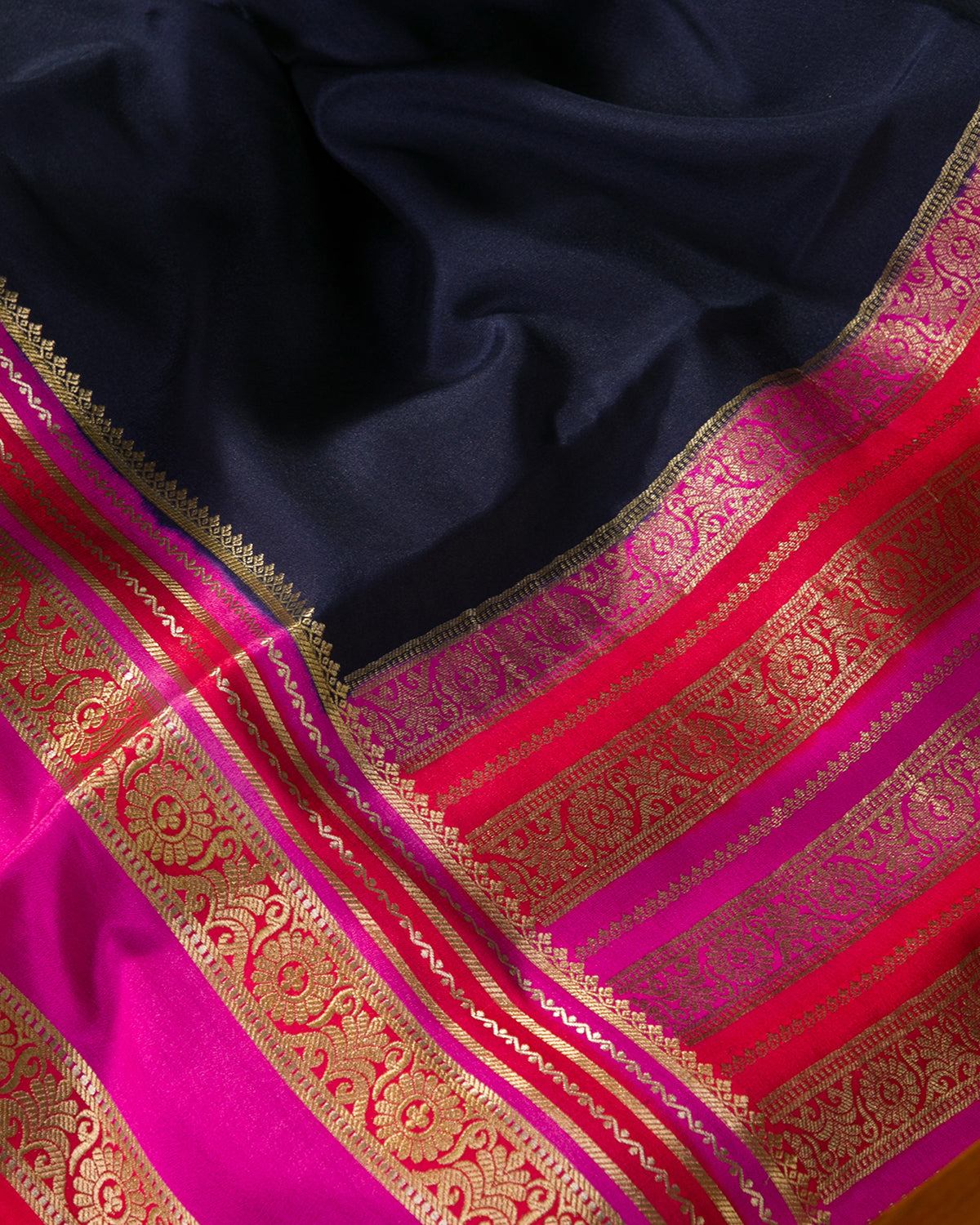 Royal Dye - Navy Blue and Rani Pink Mysore Crepe Silk Saree