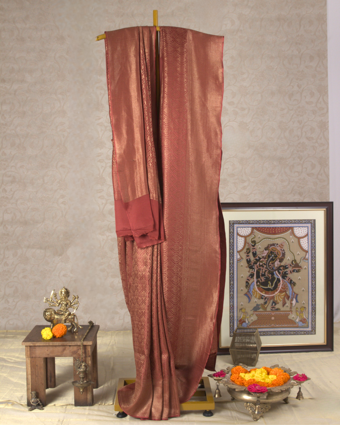 Saanjh : Rust Orange Brocade Mysore Crepe Silk Saree