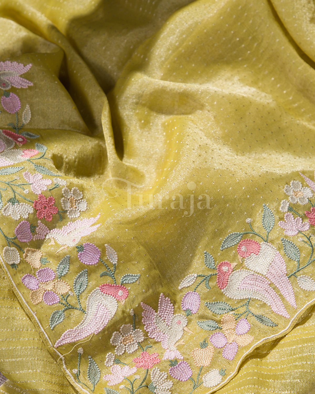 Pastel Tissue Petal Border: Yellow Mysore Crepe Silk Saree