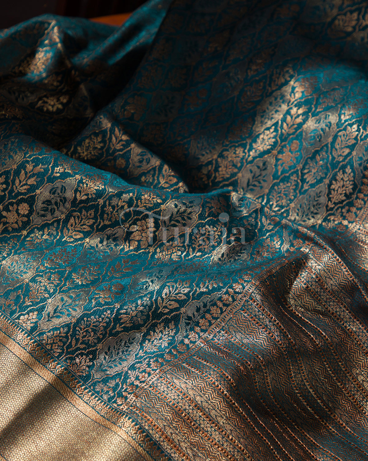Pati Jaal Brocade: Teal Blue Mysore Crepe Silk Saree-view4