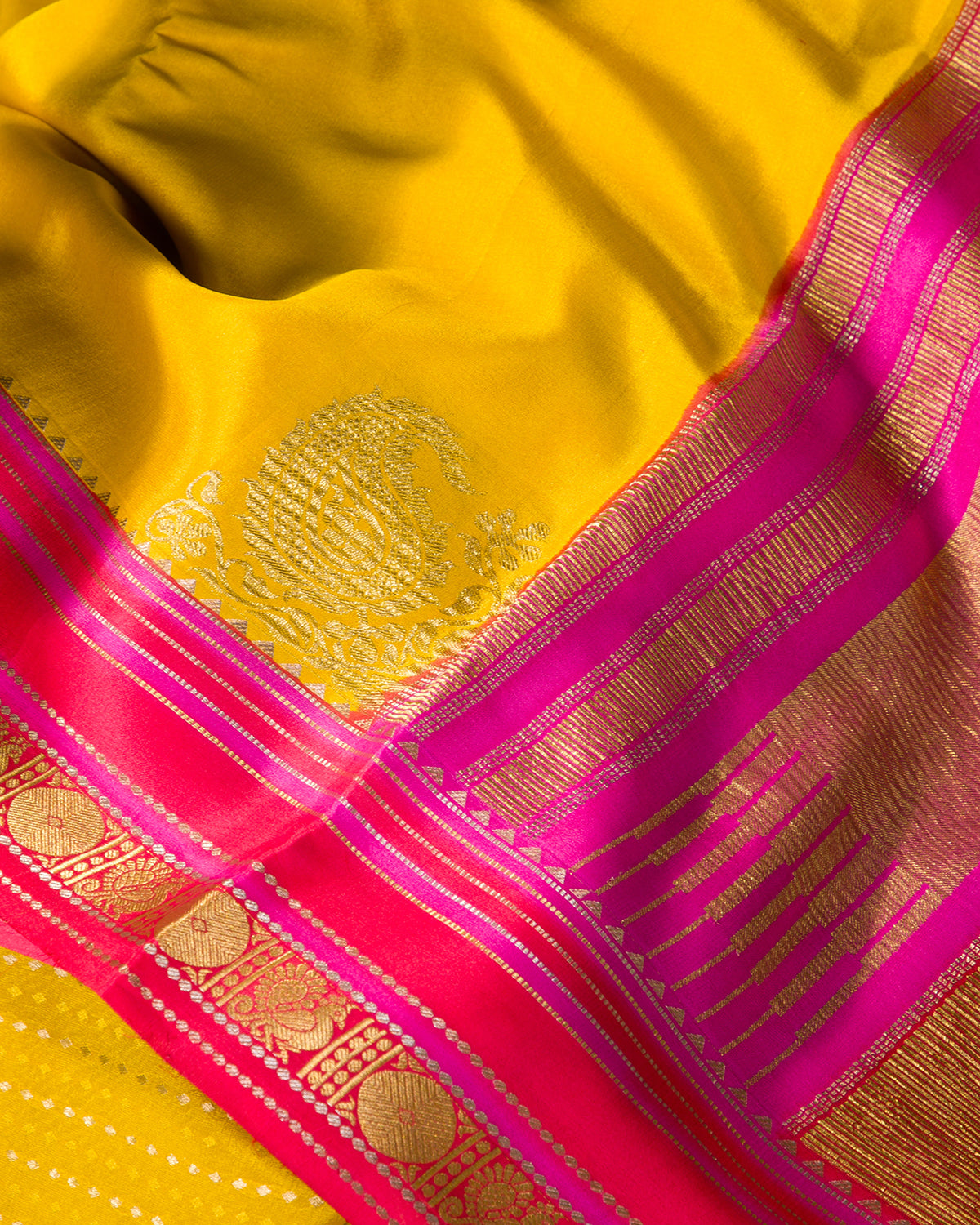 Rangkart - Yellow and Rani Pink Mysore Crepe Silk Saree