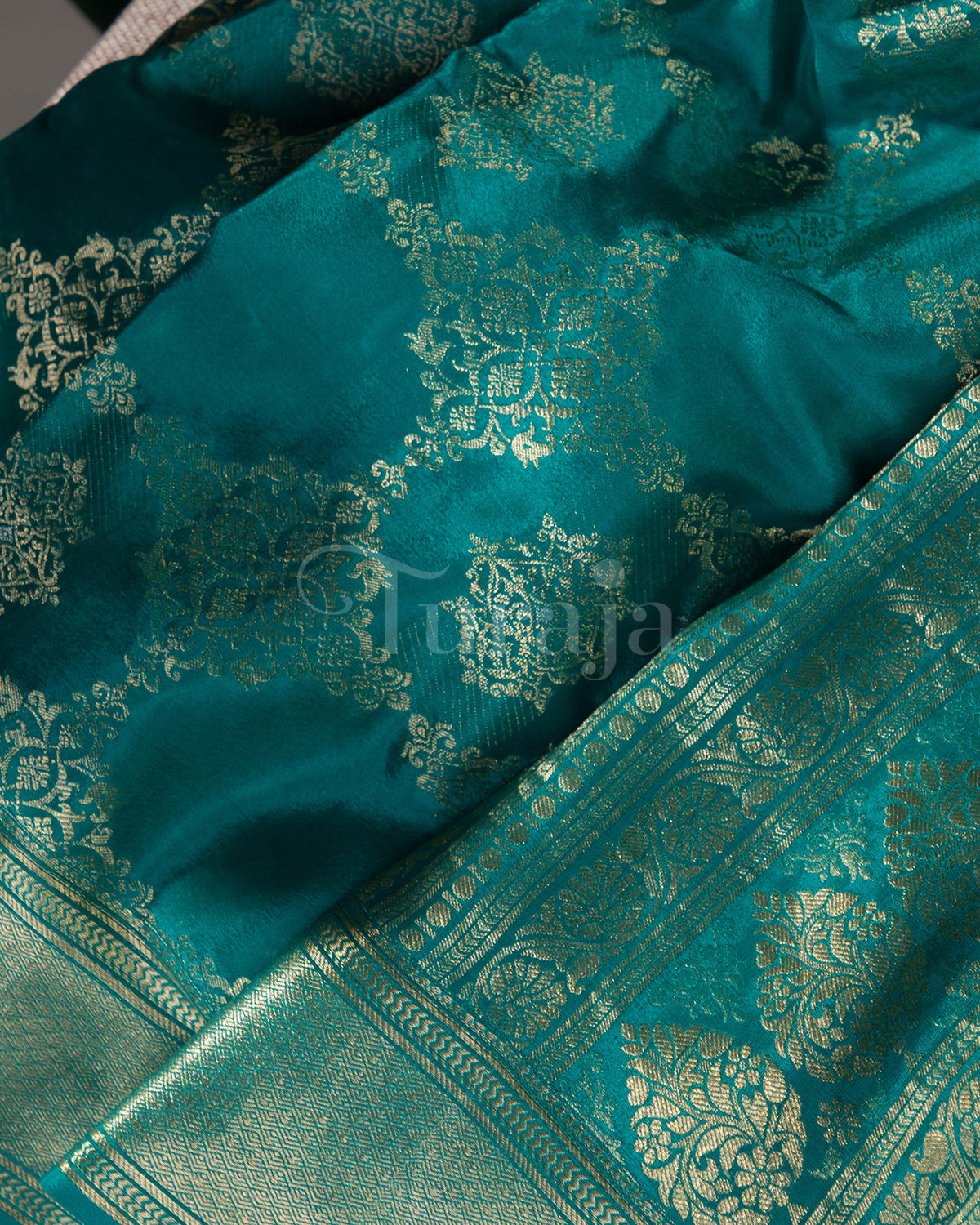 Phoolkari Jaal Brocade: Rama Blue Mysore Crepe Silk Saree