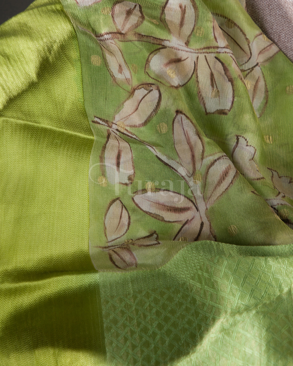 Whispering Bloom: Lime Green Mysore Crepe Silk Saree