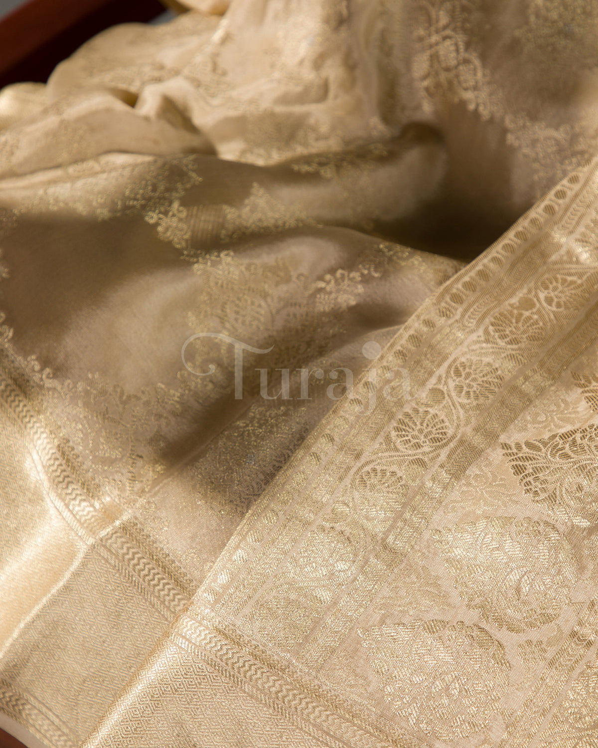Phoolkari Jaal Brocade: Beige Mysore Crepe Silk Saree