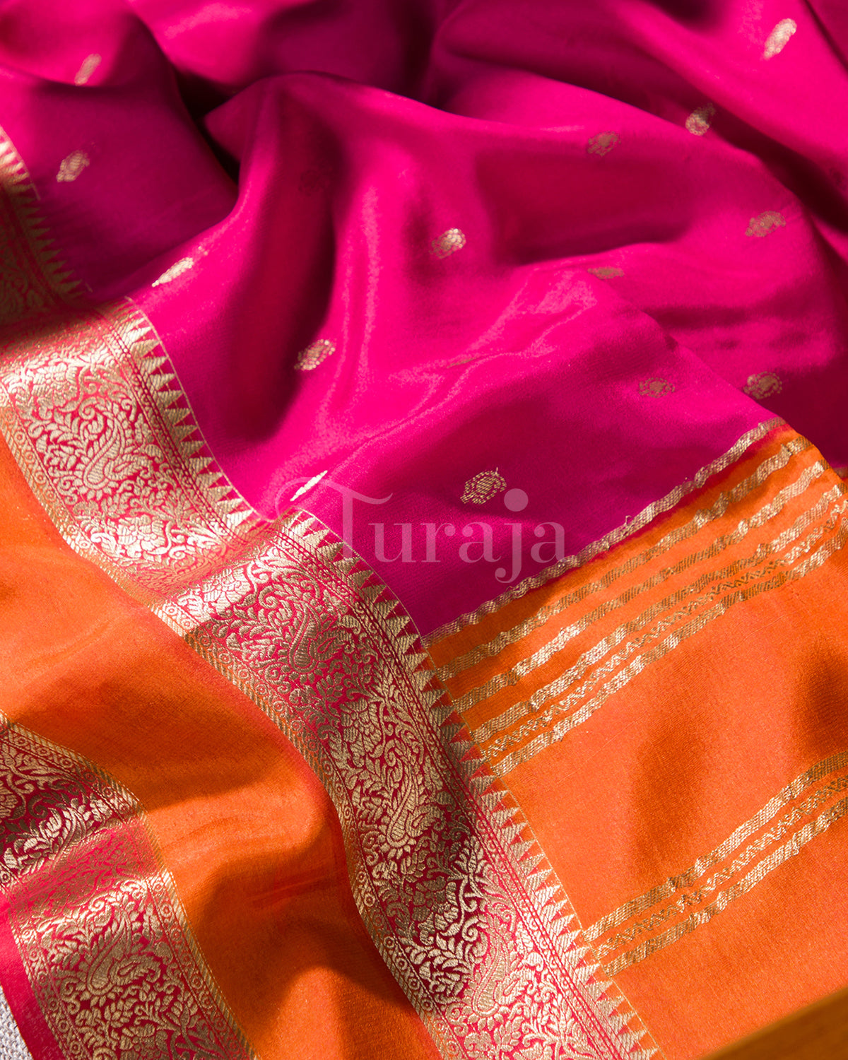 Royal Contrast: Rani Pink & Orange Mysore Crepe Silk Saree