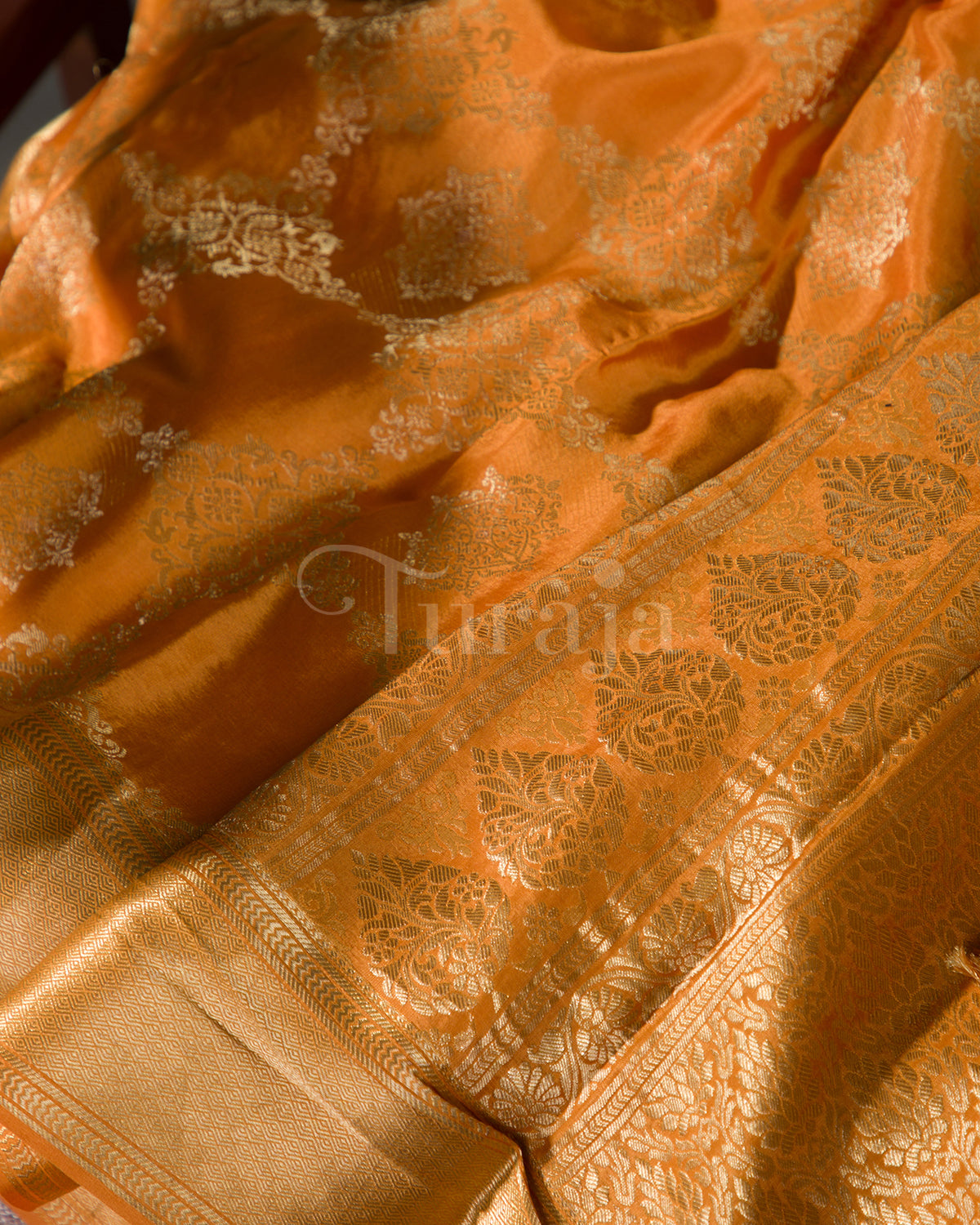 Phoolkari Jaal Brocade: Rust Orange Mysore Crepe Silk Saree